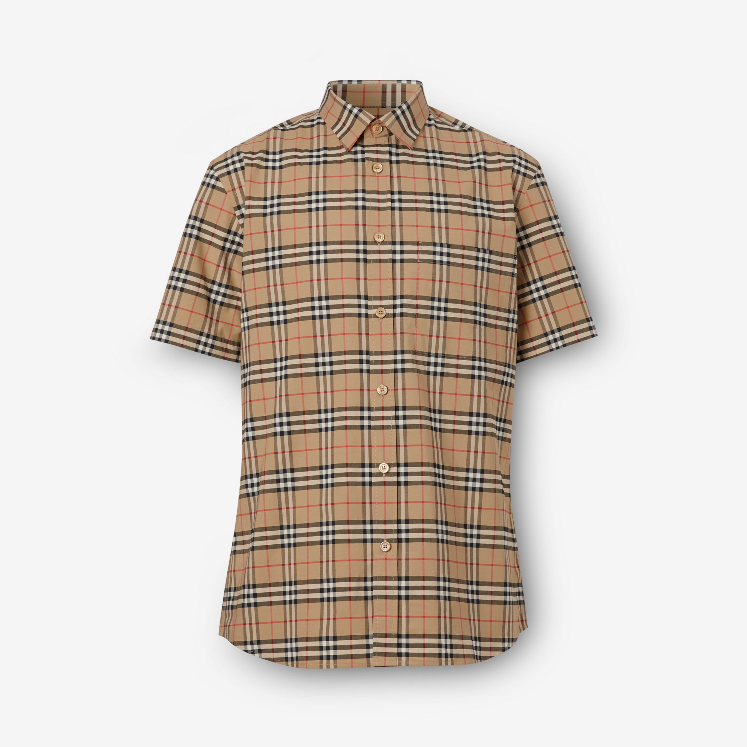 Camisa xadrez de algodão stretch com mangas curtas (Bege Clássico) - Homens | Burberry® oficial - 1