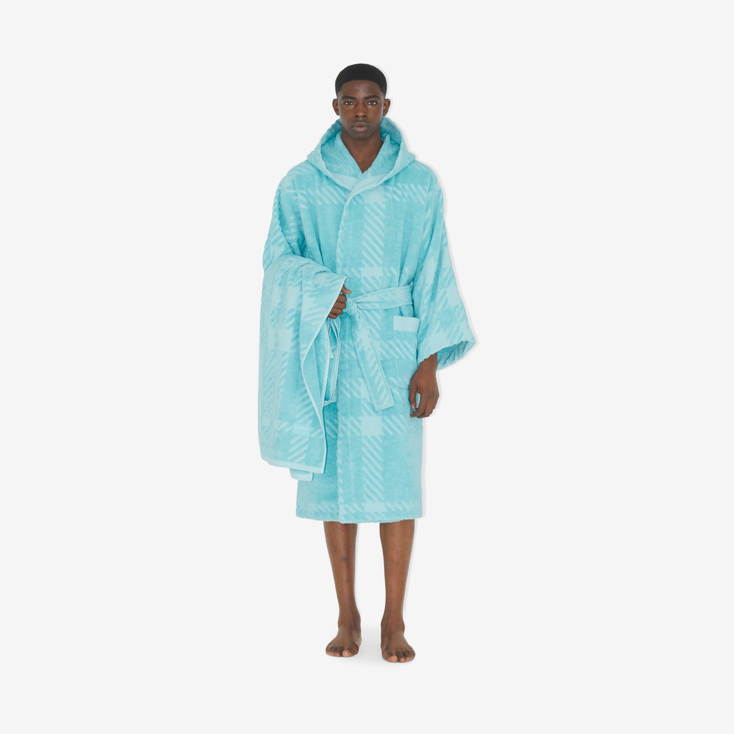 Check Cotton Jacquard Hooded Robe in Bright Blue Topaz | Burberry® Official