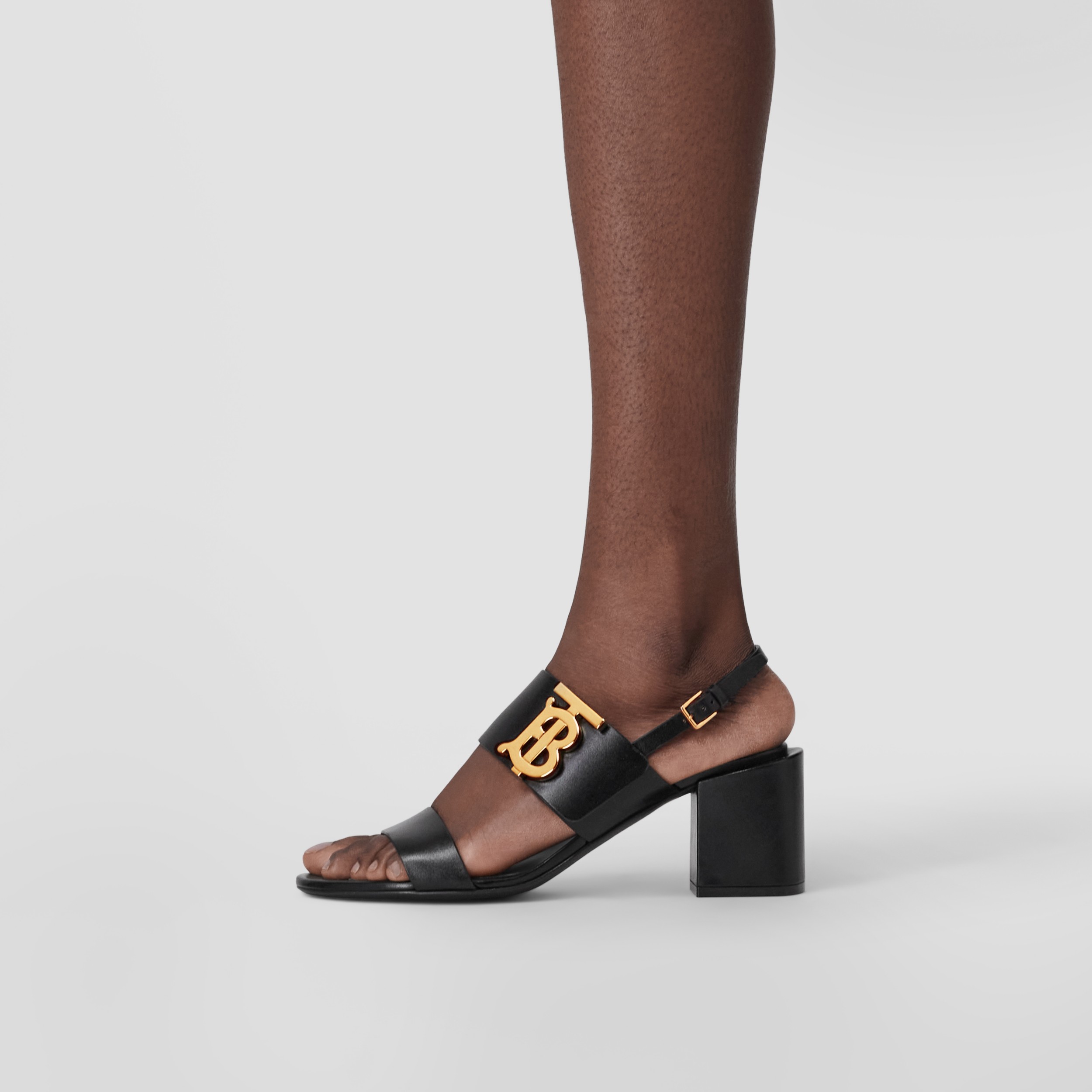 Monogram Motif Leather Blockheel Sandals in Black Burberry® Official