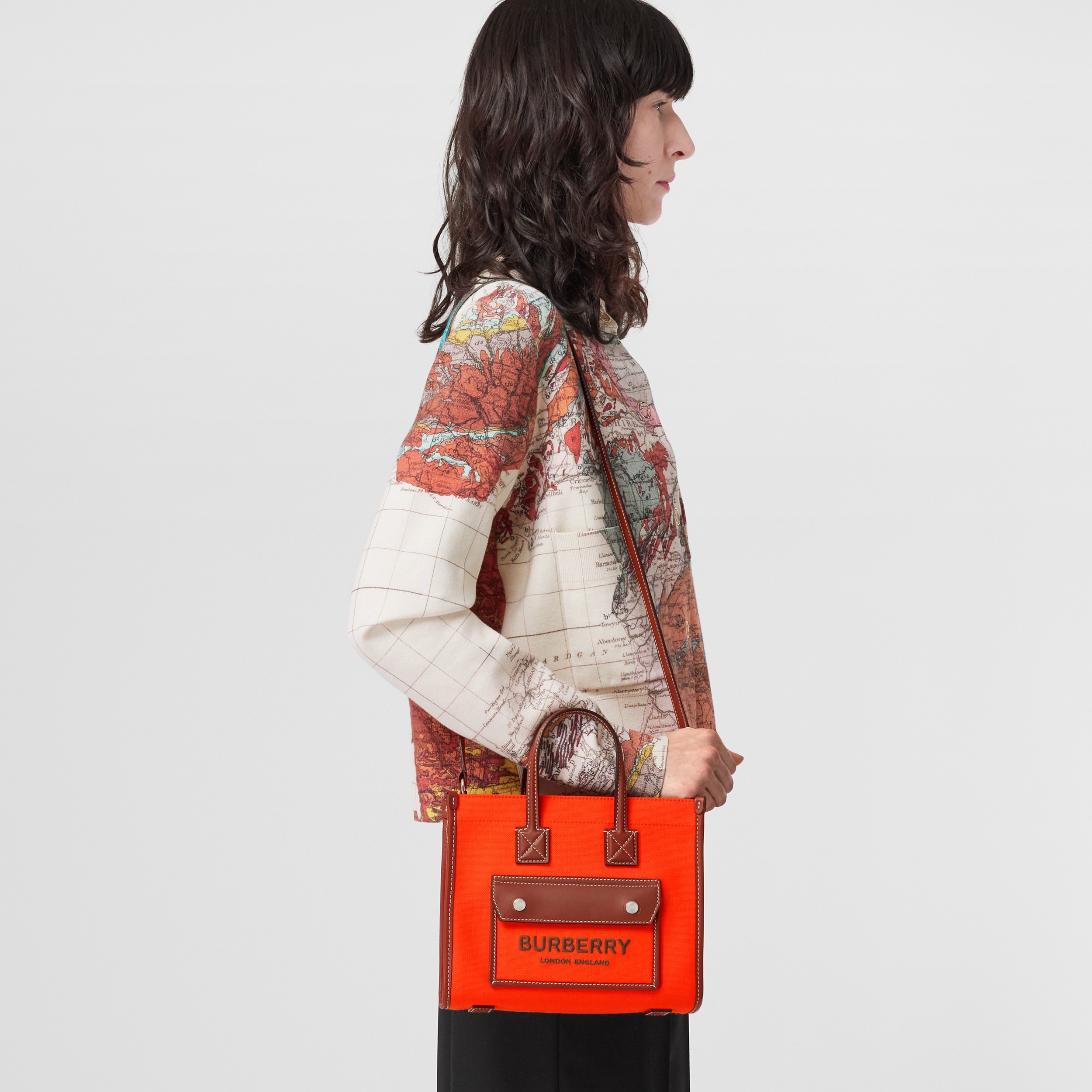 Mini Two-tone Canvas and Leather Freya Tote in Orange/tan - Women | Burberry® Official - 3