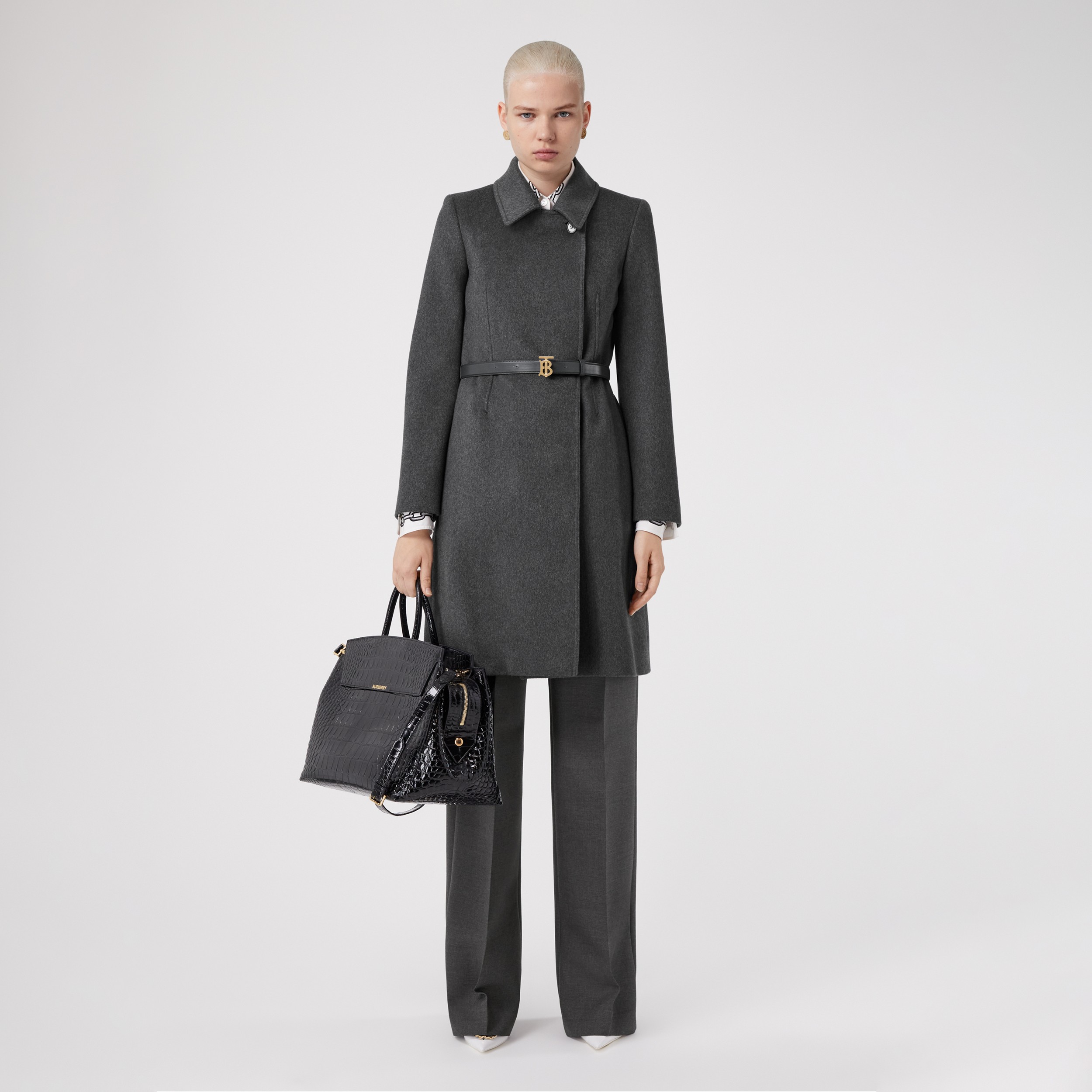 Monogram Motif Cashmere Belted Coat in Pewter Melange - Women | Burberry® Official - 1