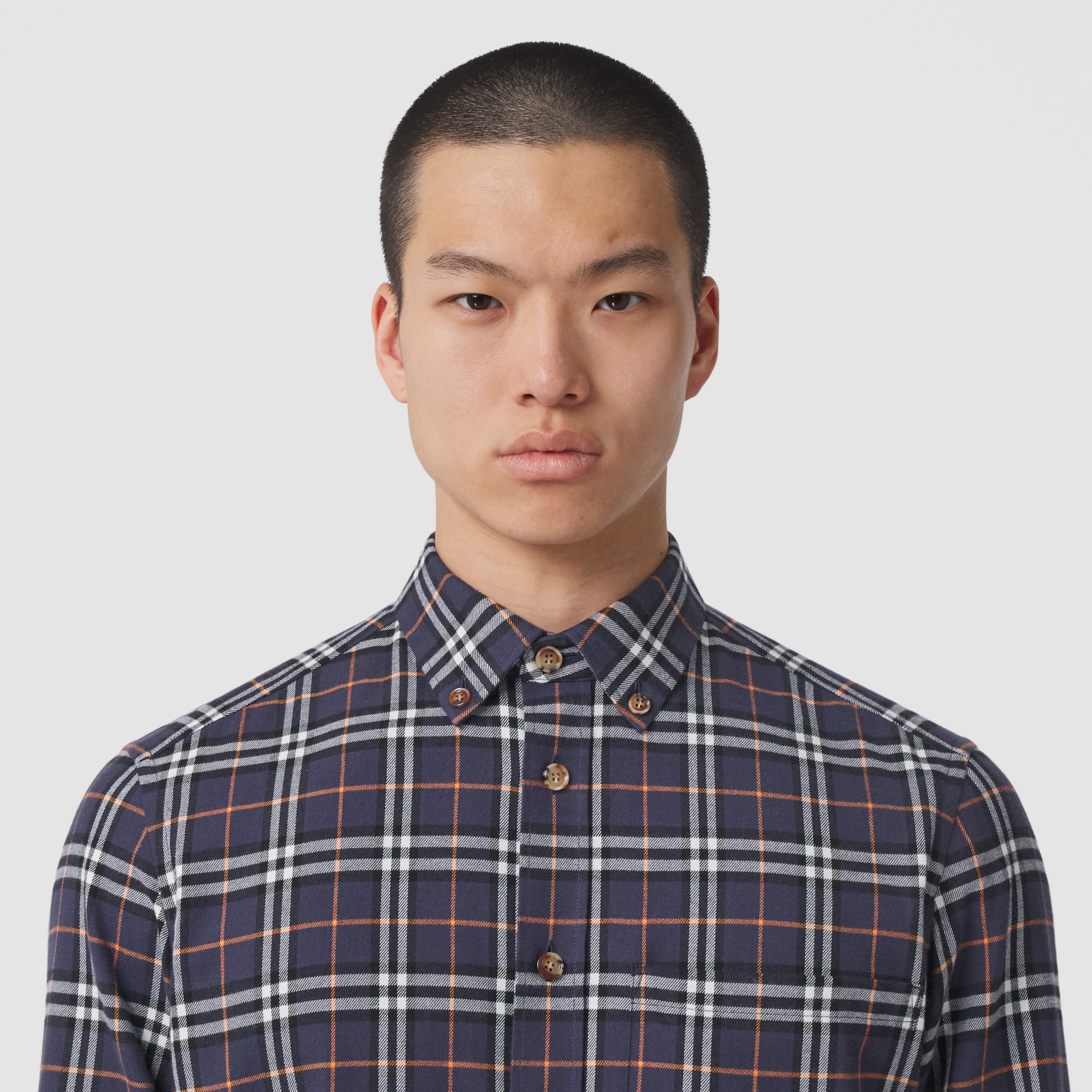 Buttondown Collar Check Cotton Flannel Shirt in Ink Navy Men