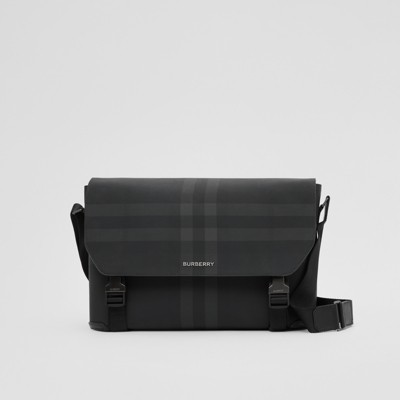 Burberry Charcoal Check And Leather Large Messenger Bag