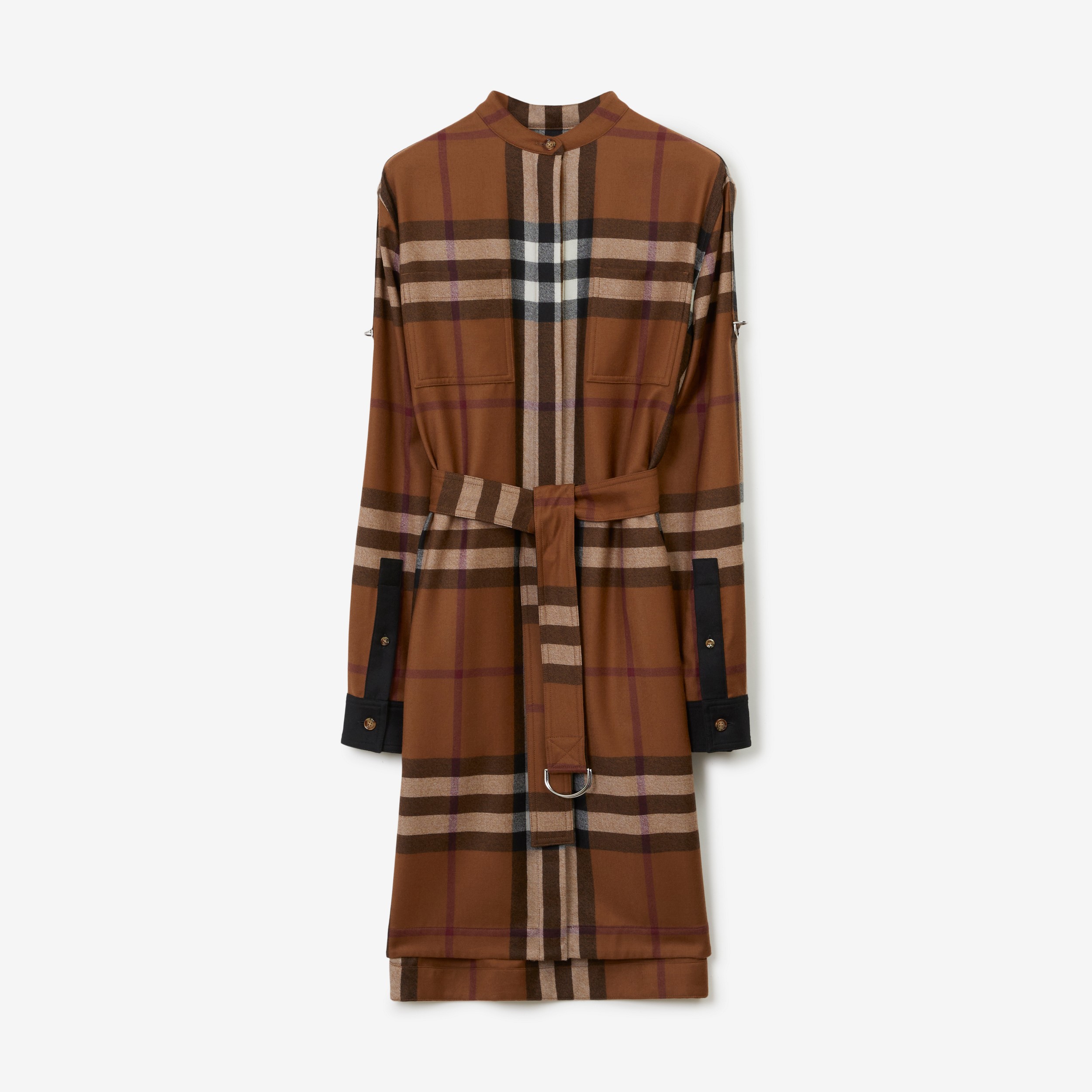 Exaggerated Check Wool Belted Shirt Dress in Dark Birch Brown - Women | Burberry® Official - 1