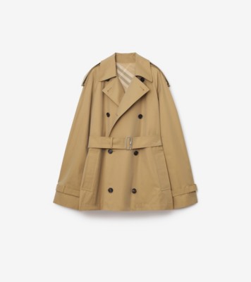 Short Check Collar Gabardine Trench Coat in Dusty caramel