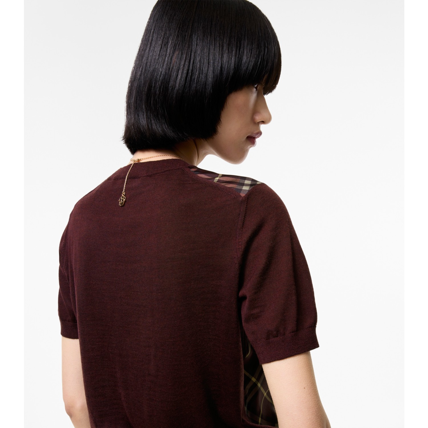Check Panel Wool Silk T-shirt in Vineyard red - Women | Burberry® Official