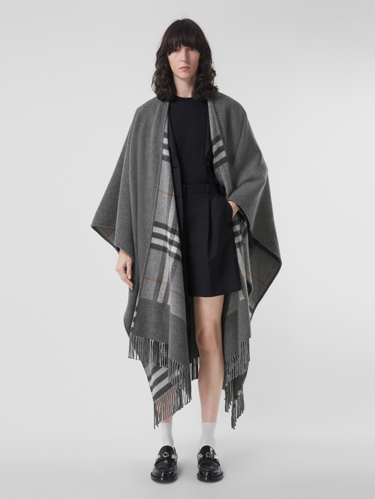 Reversible Check Wool Cashmere Cape in Grey