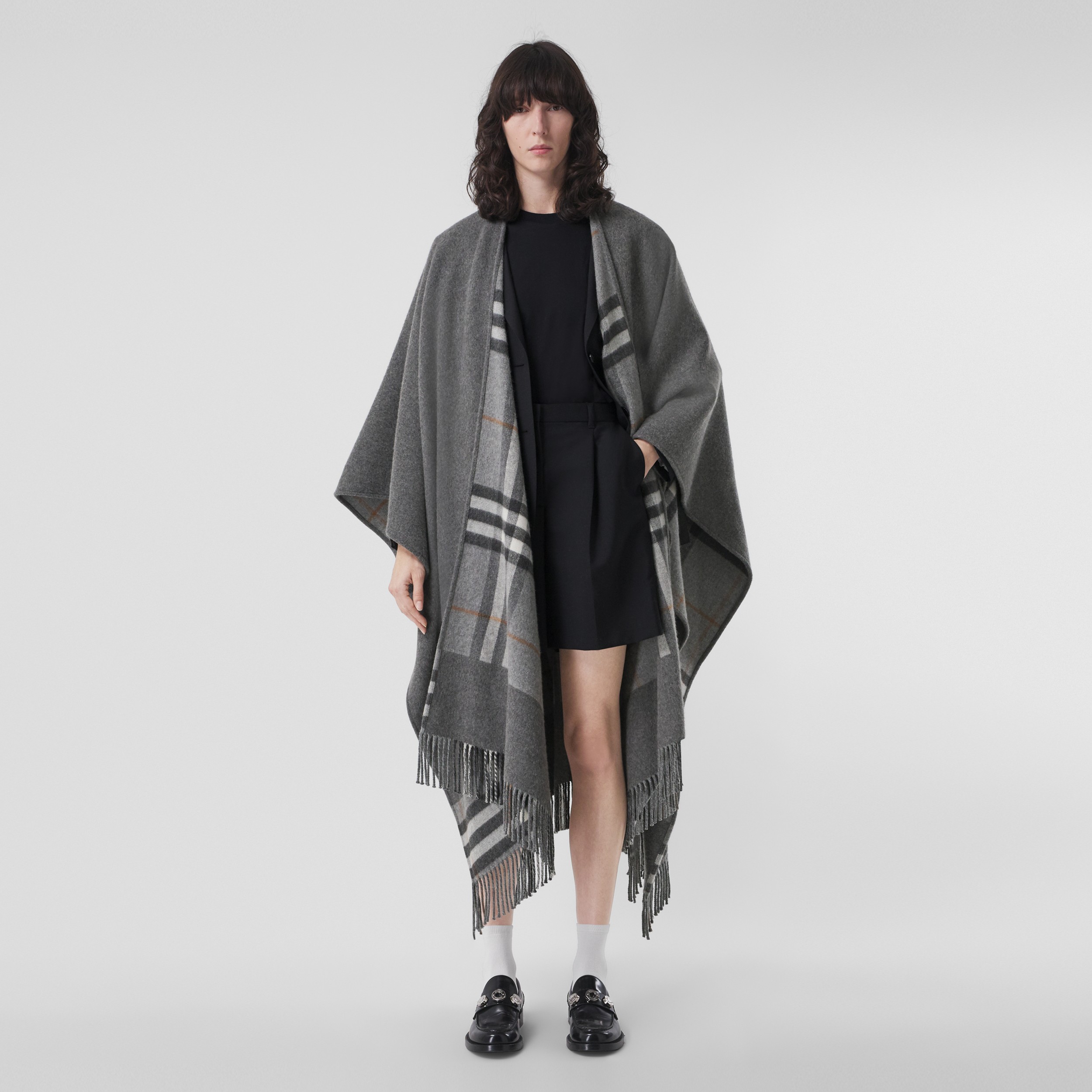 Reversible Check Wool Cashmere Cape in Grey - Women | Burberry® Official - 1