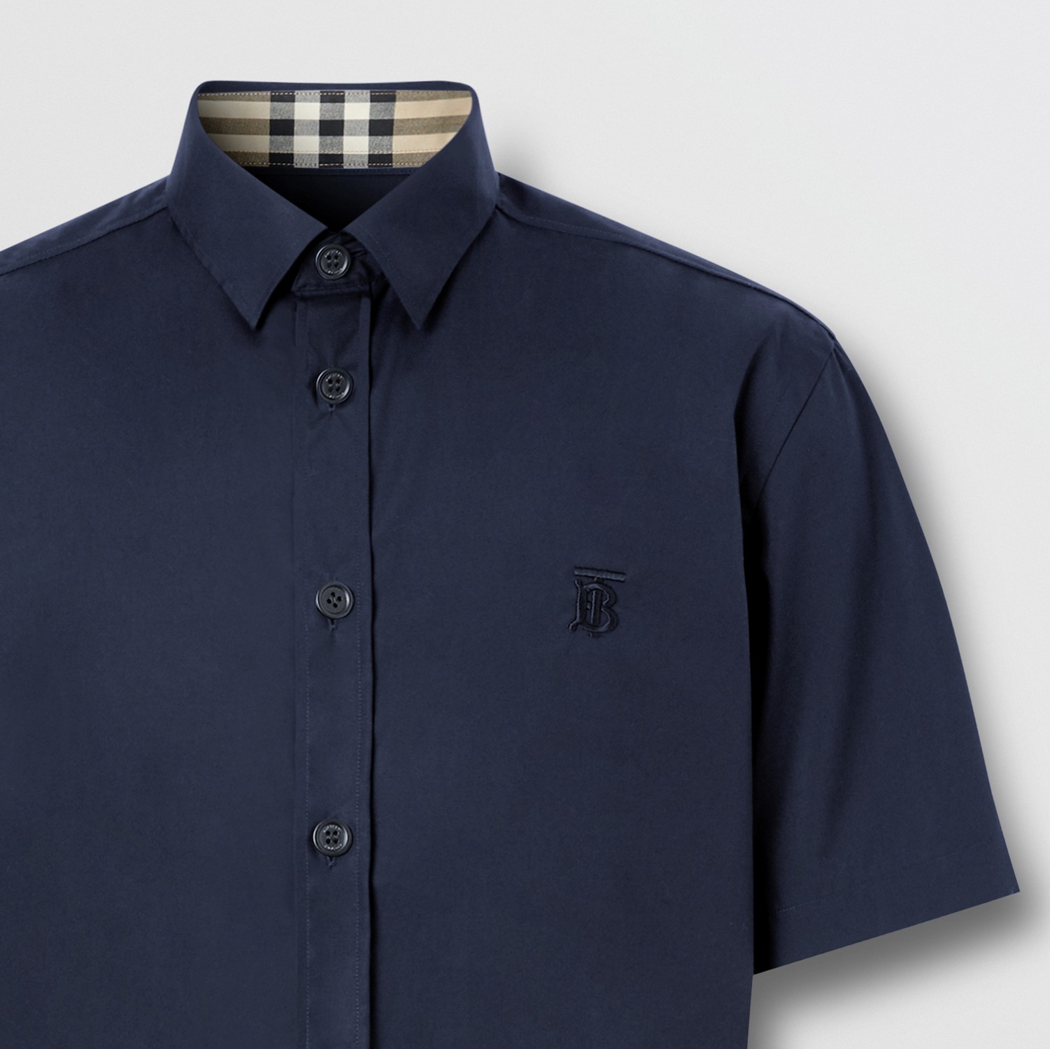 Camisa de mangas curtas em algodão stretch com monograma (Azul-marinho) - Homens | Burberry® oficial