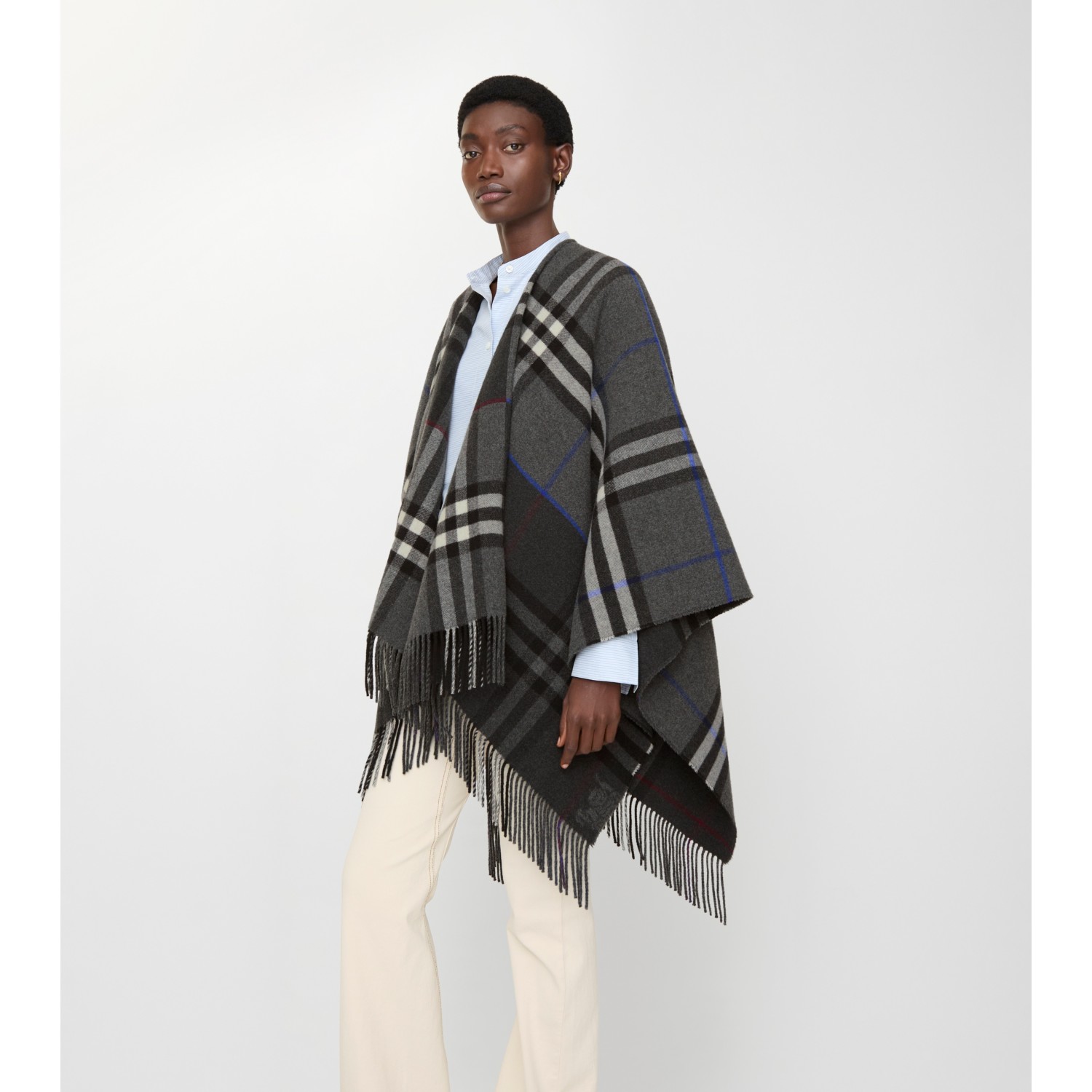Contrast Check Cashmere Wool Cape - thumbnail 9