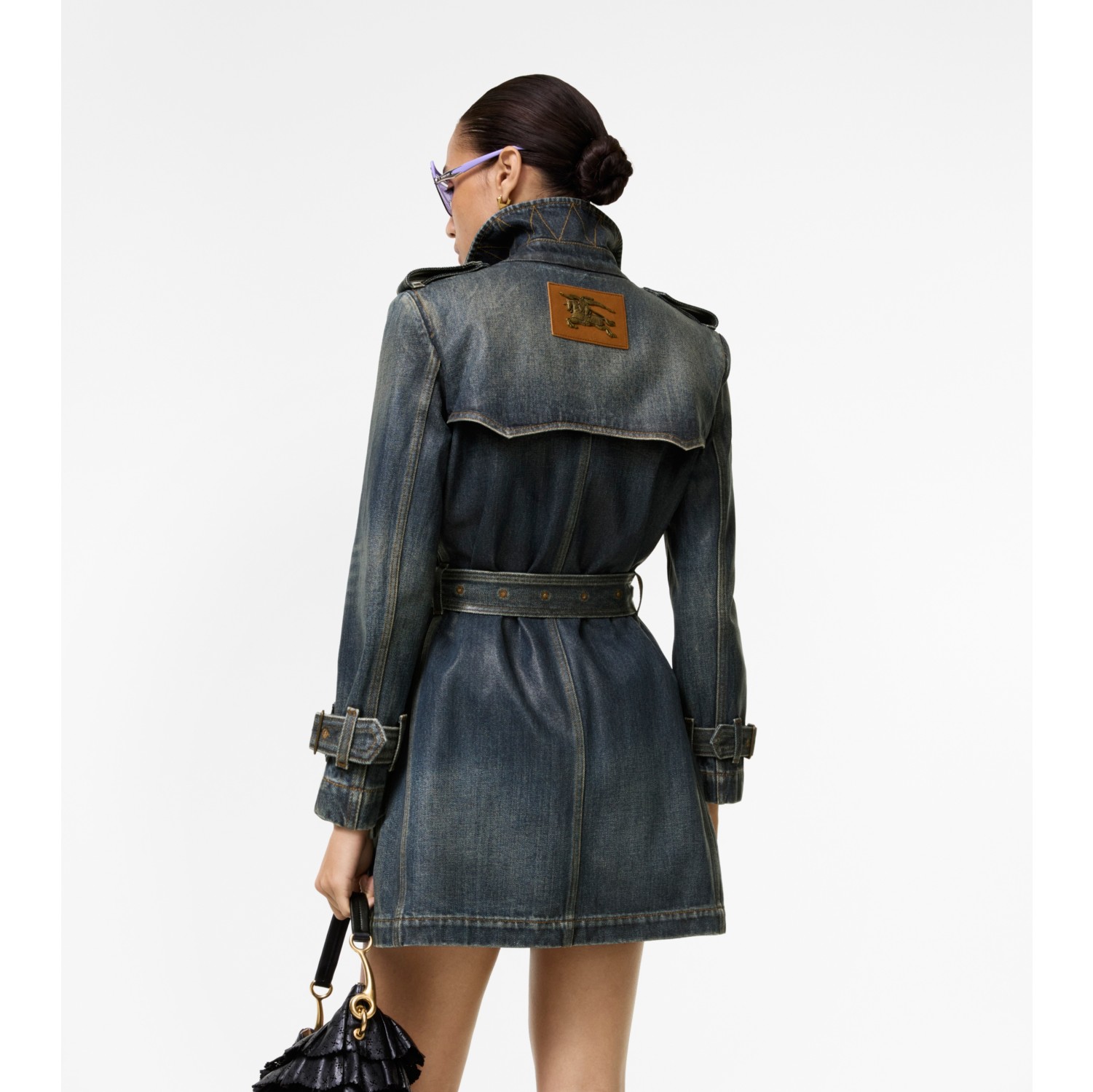 Short Coated Denim Trench Coat in Mid blue - Women, Cotton