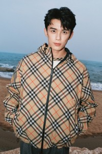 Wu Lei wearing the Reversible Check Hooded Jacket in colour Sand