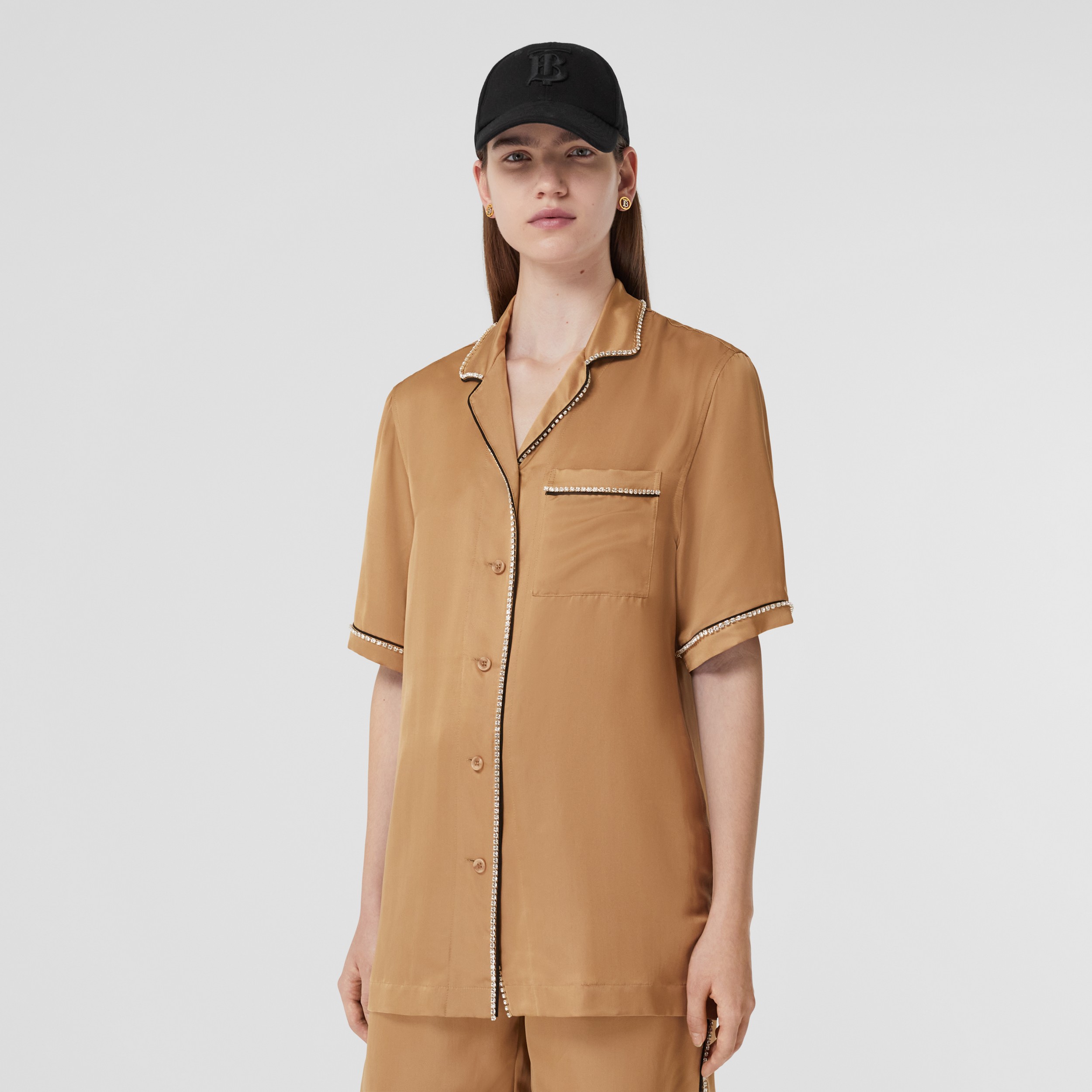 Crystal-embellished Silk Satin Blend Pyjama Shirt in Camel - Women | Burberry® Official - 1