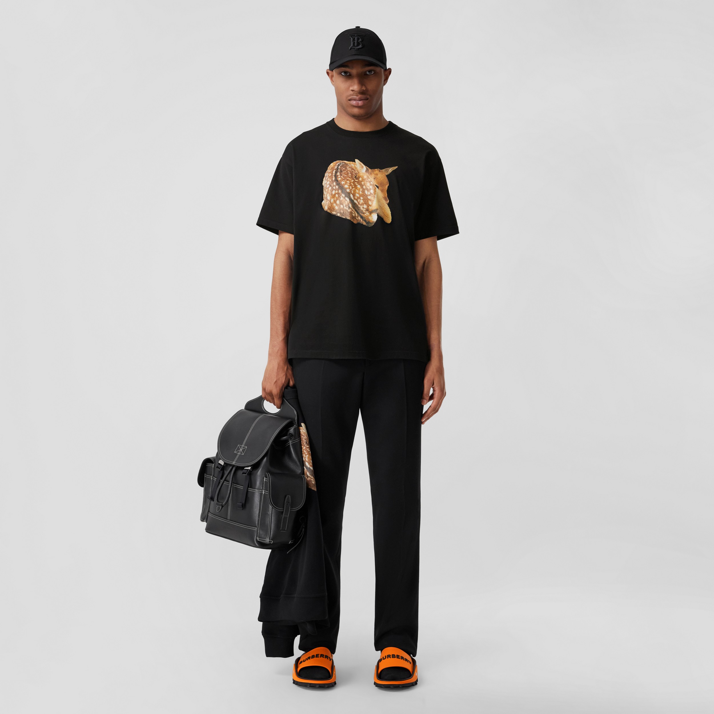 Deer Print Cotton Oversized T-shirt in Black - Men | Burberry® Official - 1