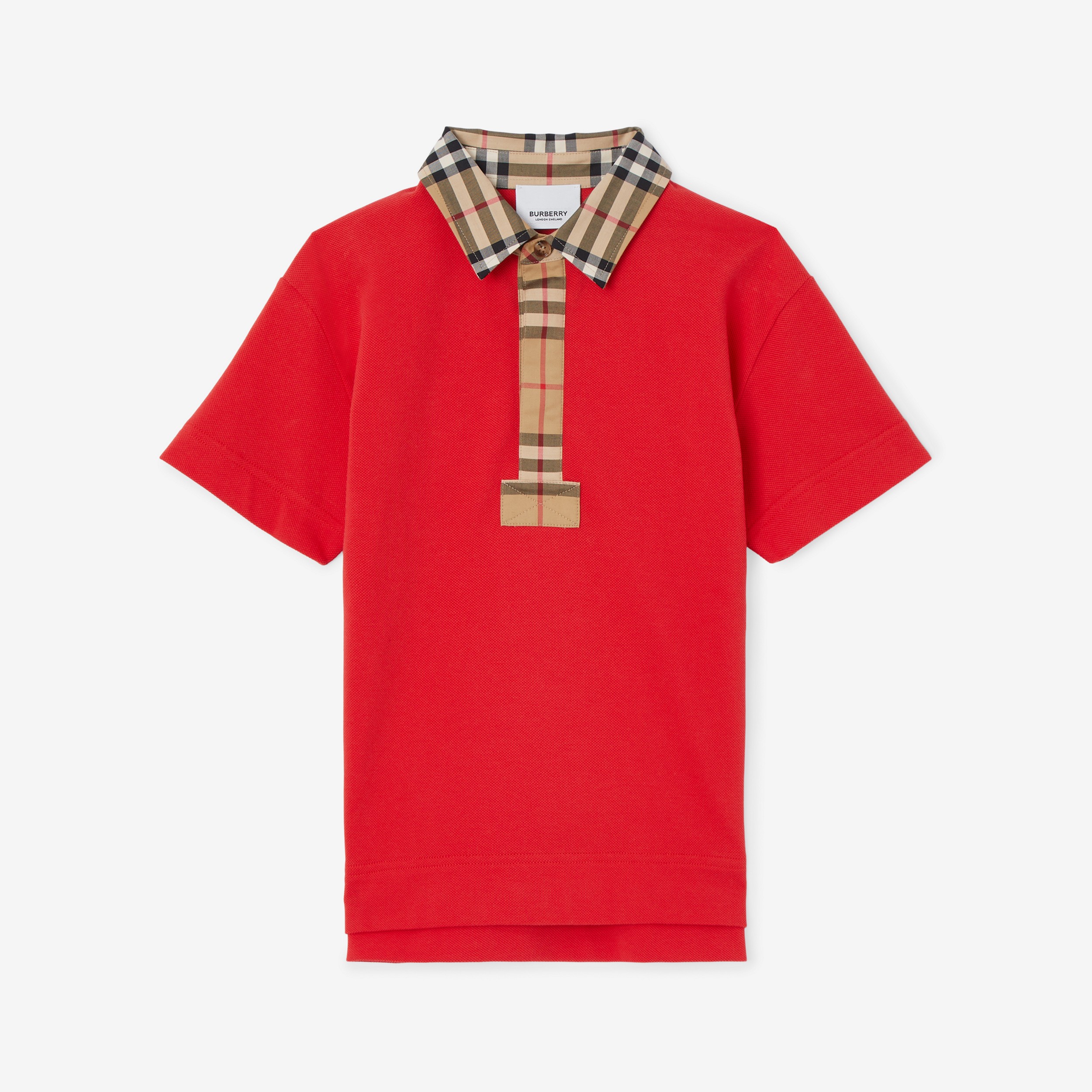 Vintage Check Trim Cotton Piqué Polo Shirt in Bright Red | Burberry® Official - 1