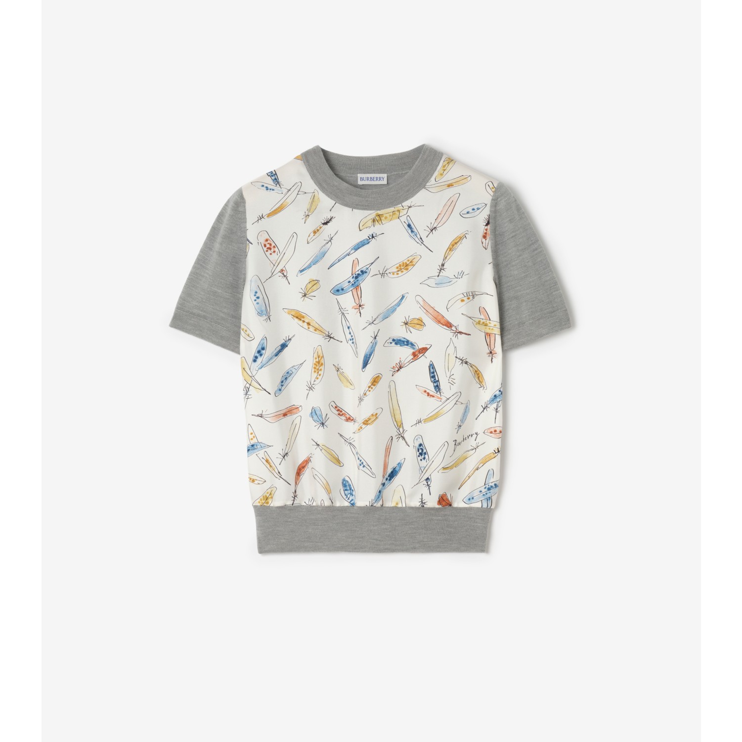 Feather Print Panel Wool Silk T-shirt