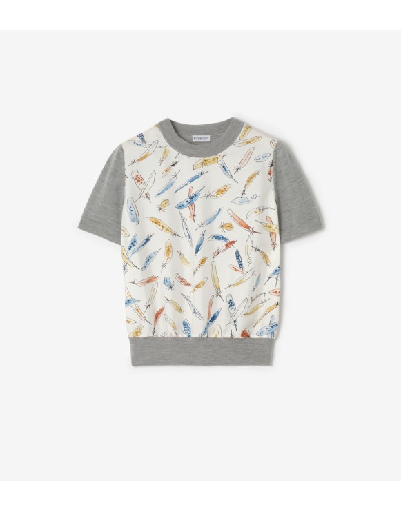 T-shirt en laine et soie à imprimé Feather