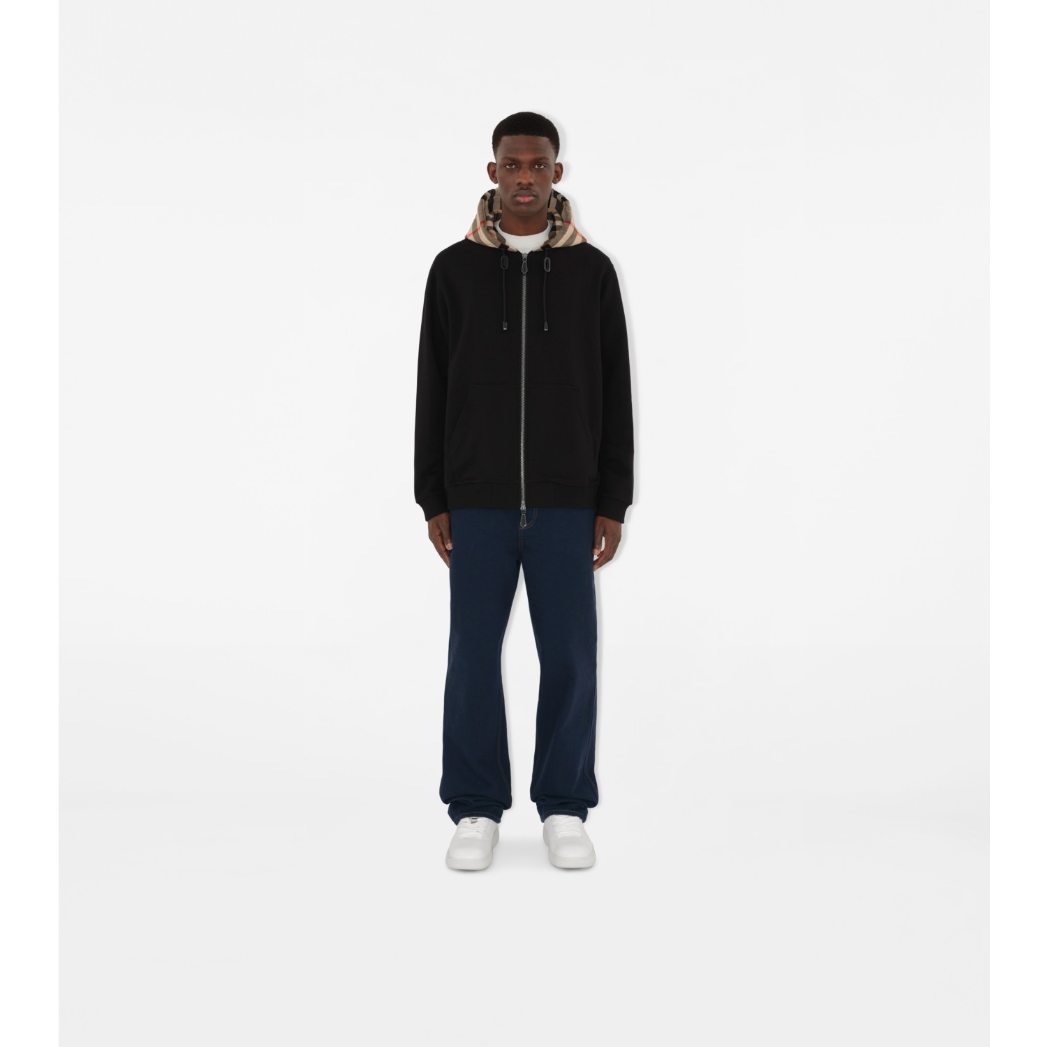 Check Hood Cotton Zip Hoodie in Black archive beige Men Burberry Official