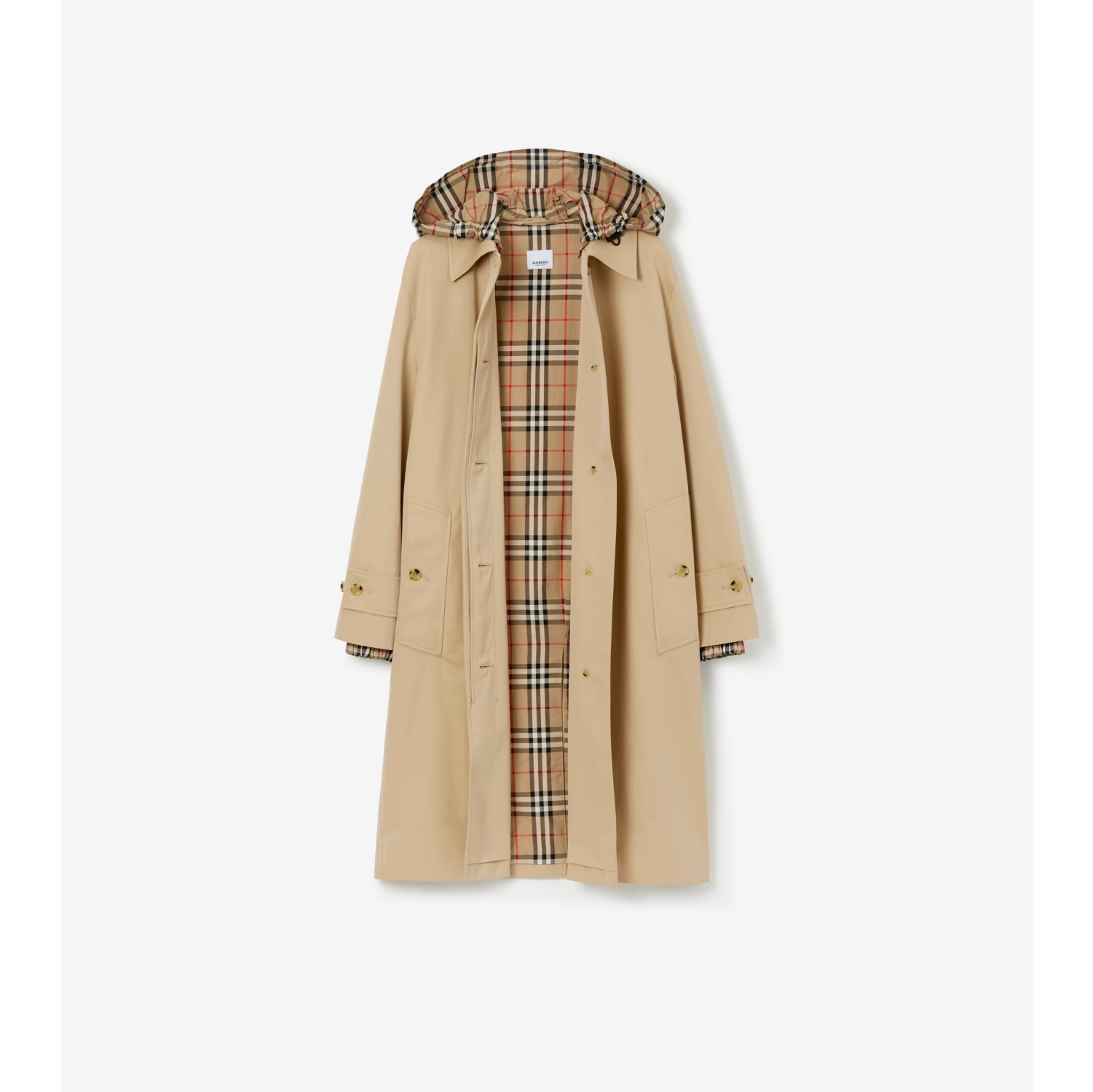 Mid-length Check Hood Gabardine Car Coat in Honey - Women, Cotton Gabardine  | Burberry® Official