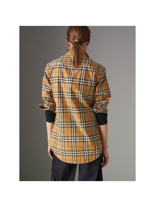 Stand Collar Vintage Check Cotton Shirt in Antique Yellow - Women ...