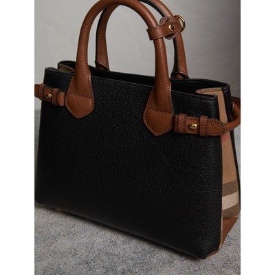 medium check detail leather tote bag