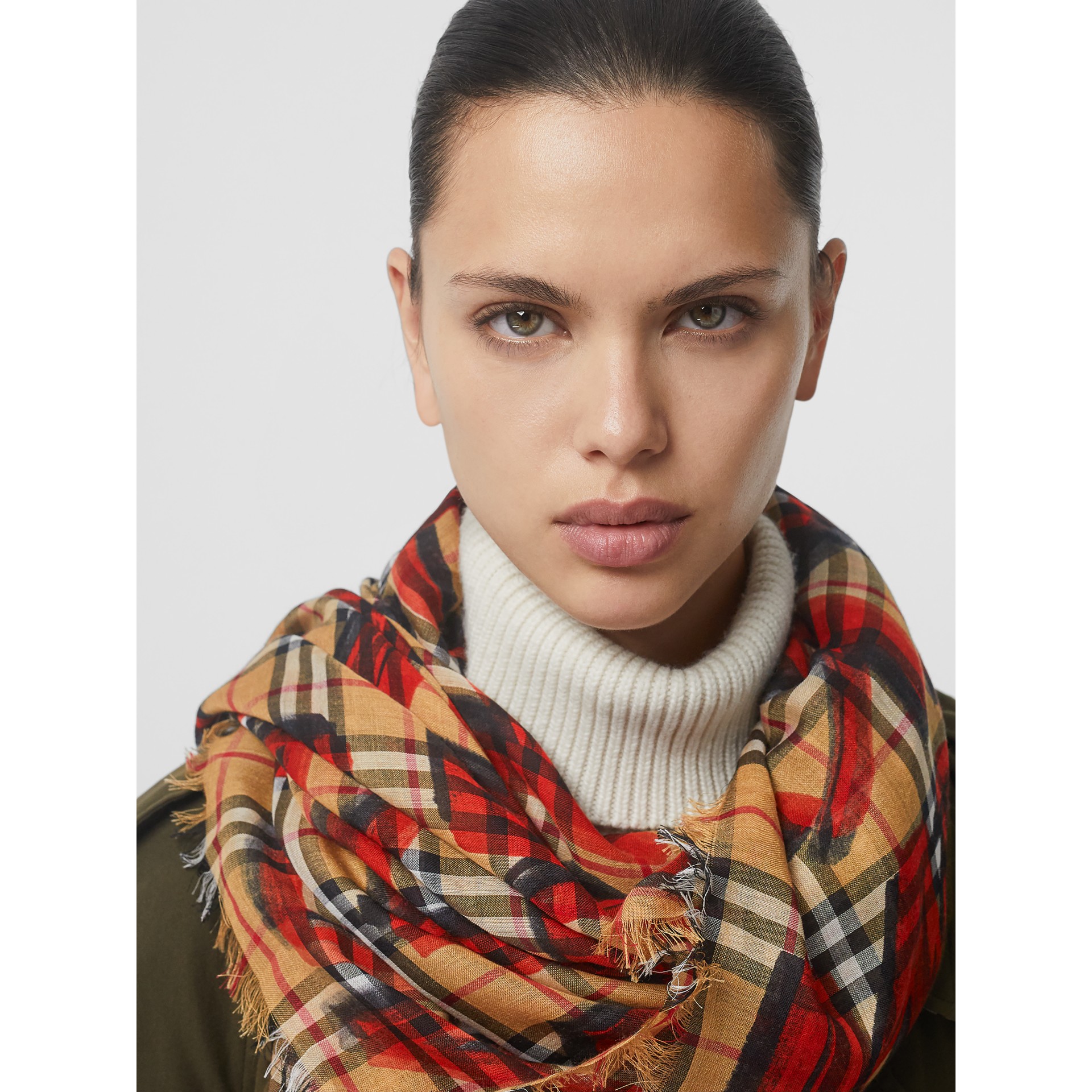 Graffiti Print Check Wool Silk Large Square Scarf in Bright Red - Women ...