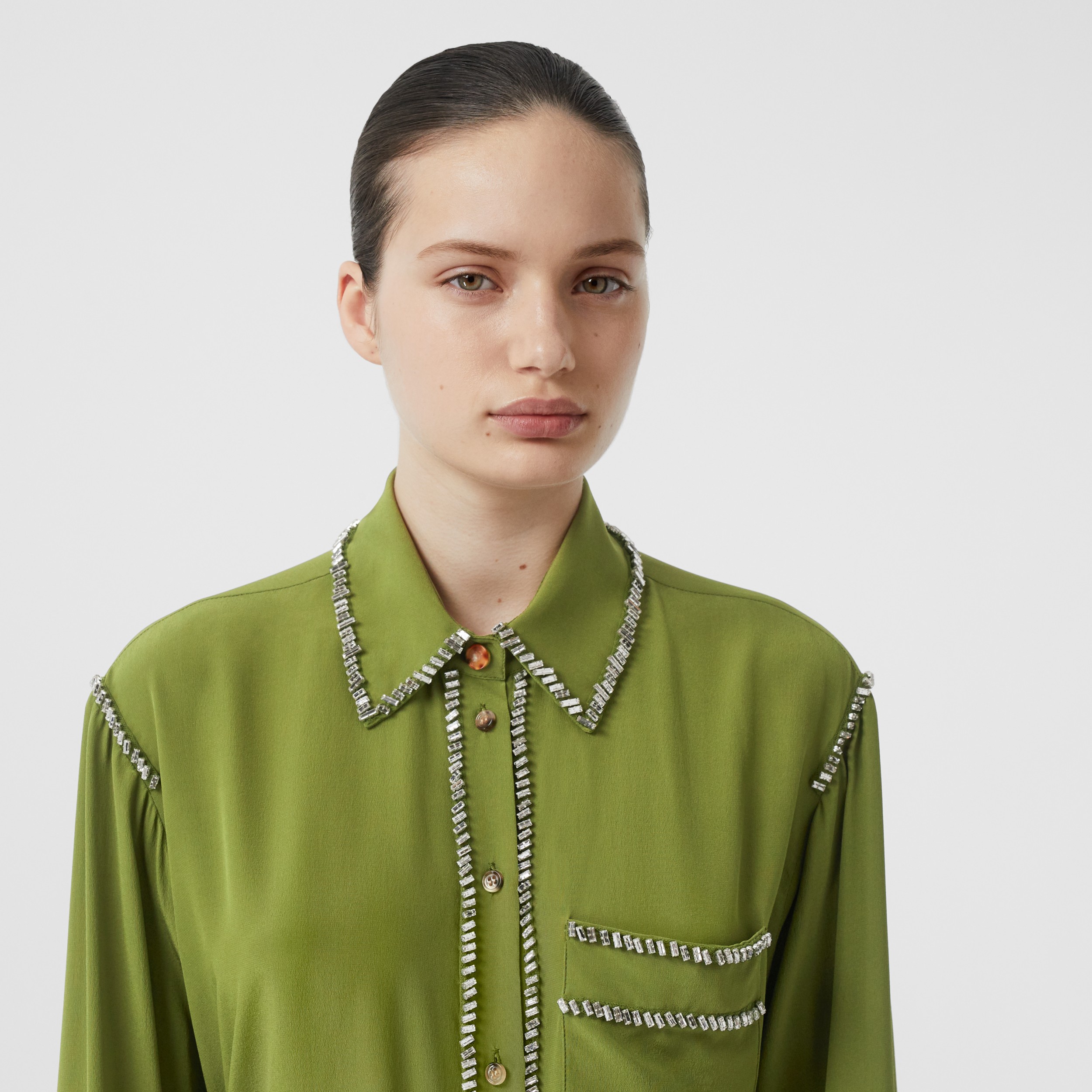 Embellished Silk Oversized Shirt in Cedar Green - Women | Burberry ...