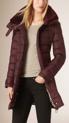 Deep burgundy Down-Filled Coat with Shearling Collar - Image 1