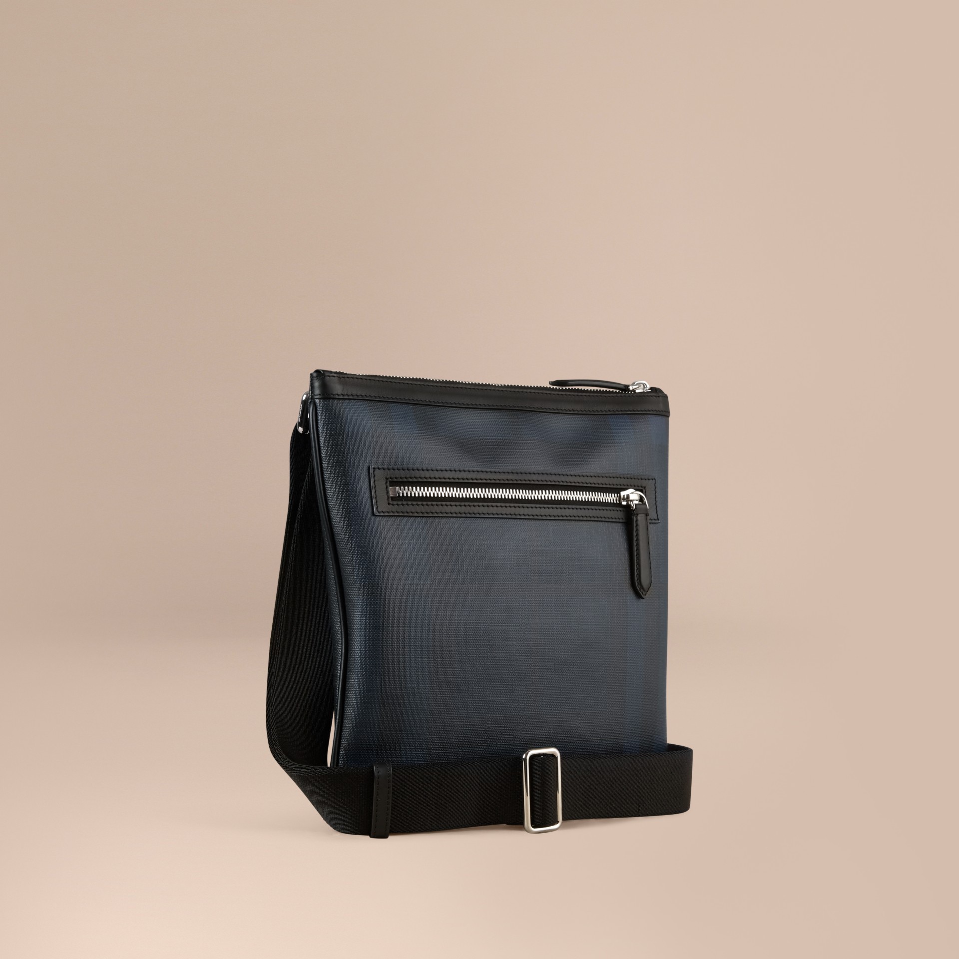 Leather Trim London Check Crossbody Bag in Navy/black Men Burberry