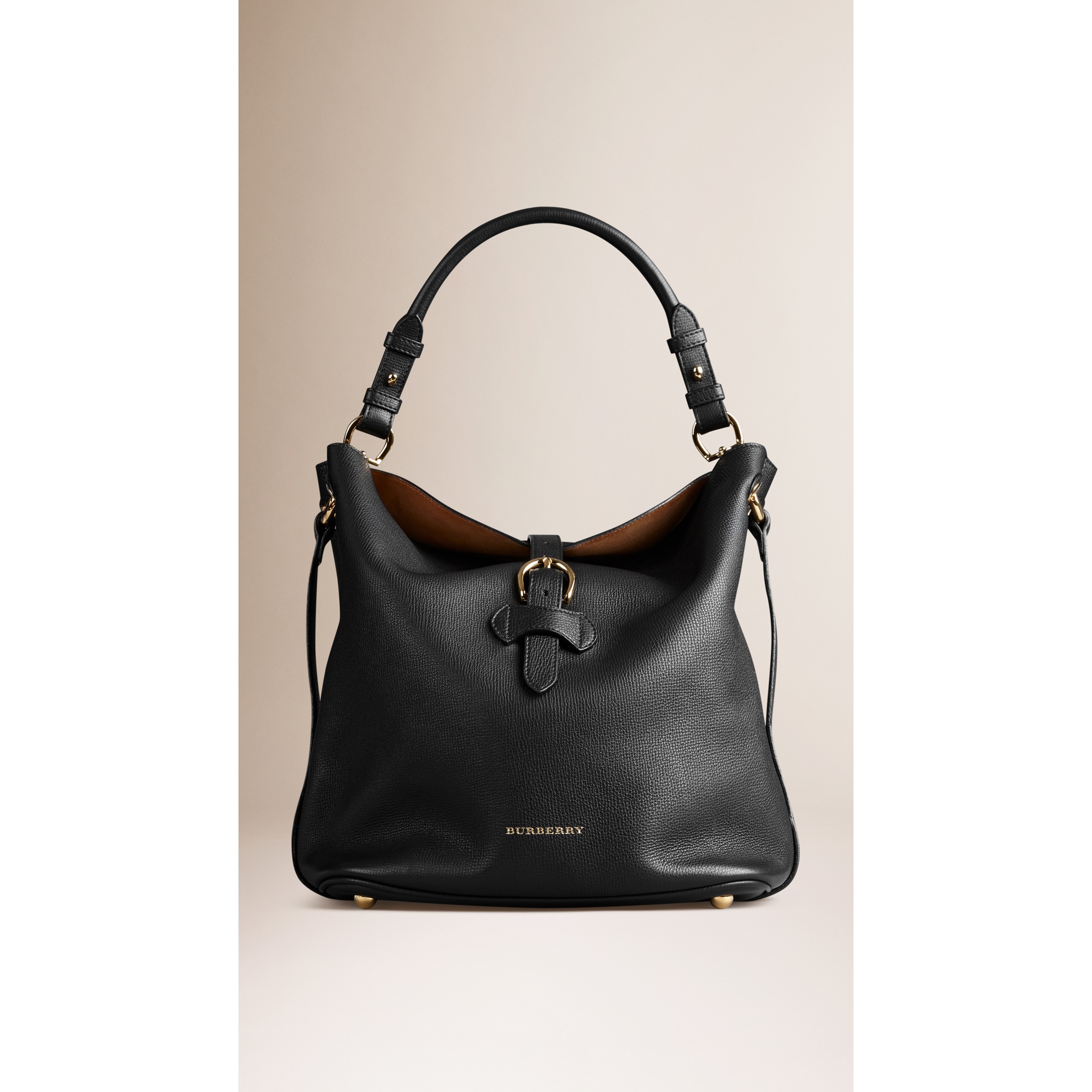 Medium Buckle Detail Leather Hobo Bag in Black - Women | Burberry