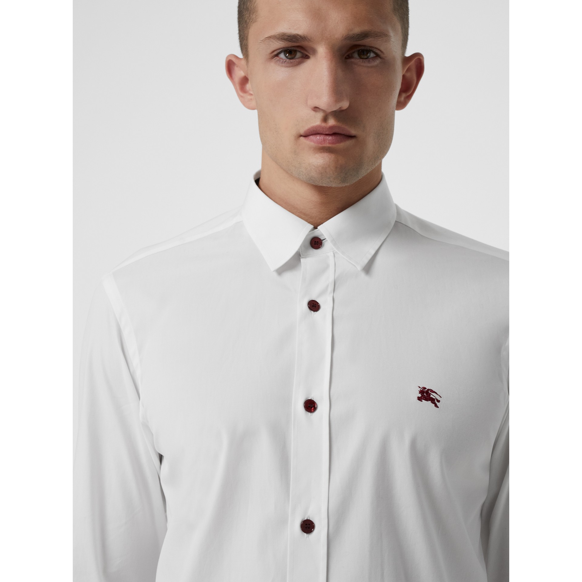 Contrast Button Stretch Cotton Shirt in White | Burberry United States
