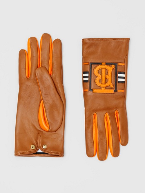 Burberry Monogram Intarsia Cashmere-lined Lambskin Gloves In Camel/bright Orange