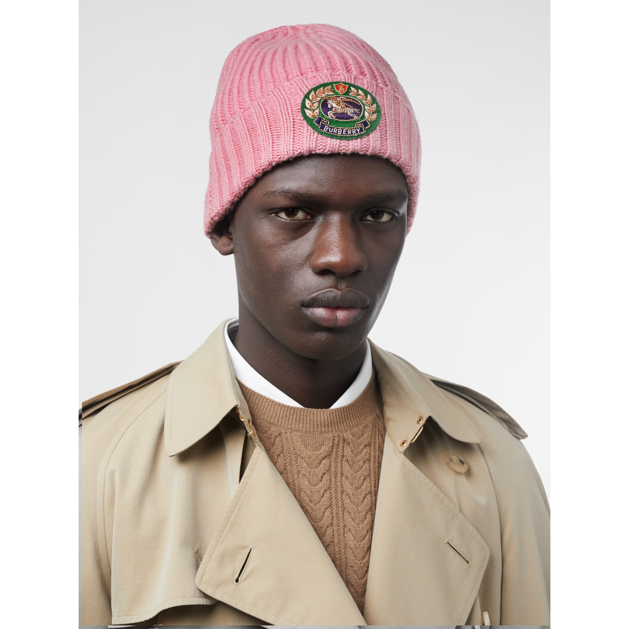 Embroidered Crest Rib Knit Wool Cashmere Beanie in Rose Pink | Burberry ...