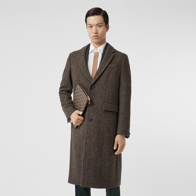 Herringbone Wool Tweed Coat in Brown 