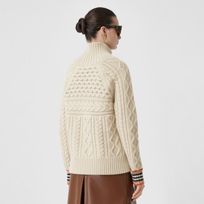 Stripe Cuff Cable Knit Cashmere Sweater 