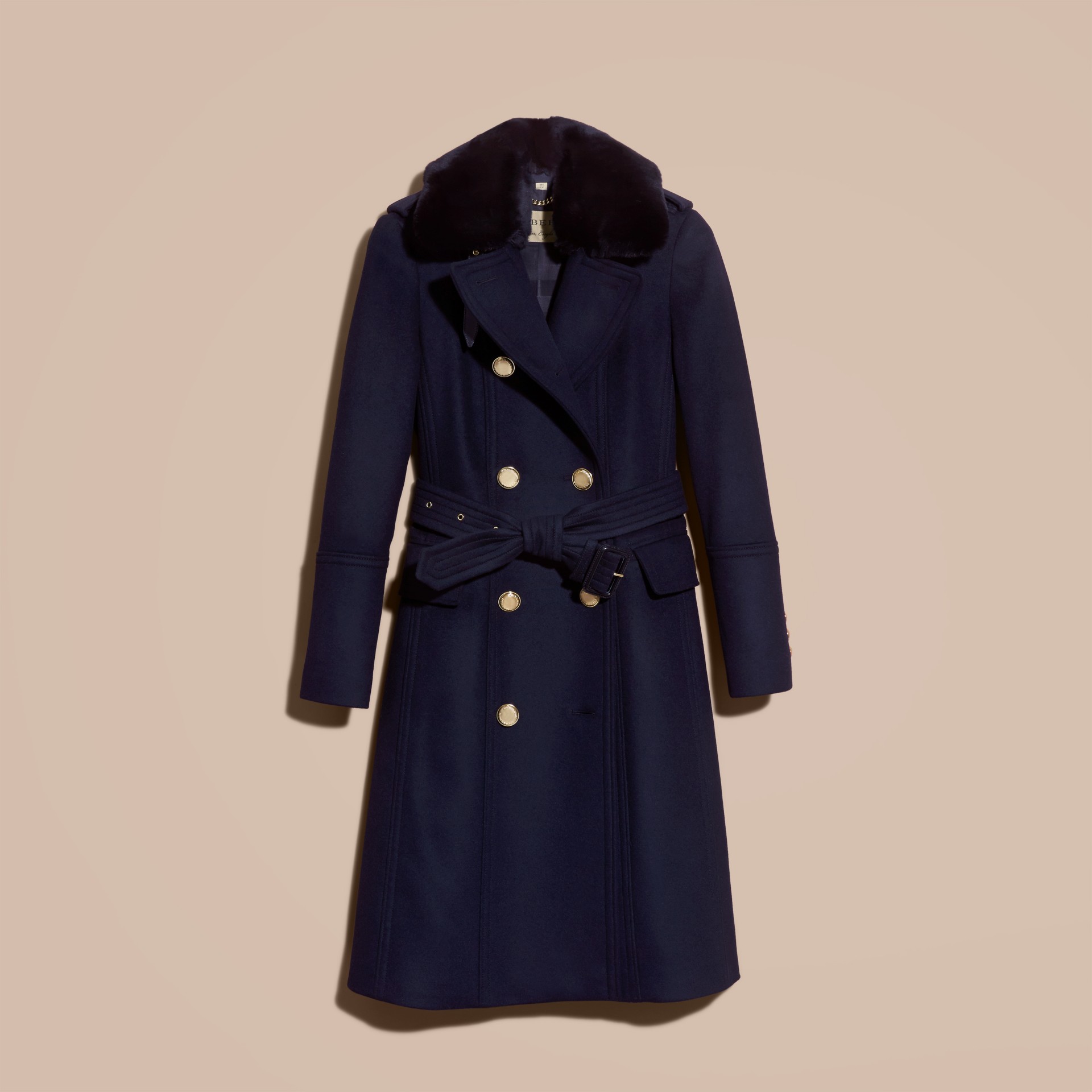 Wool Cashmere Trench Coat with Detachable Fur Collar in Navy - Women ...