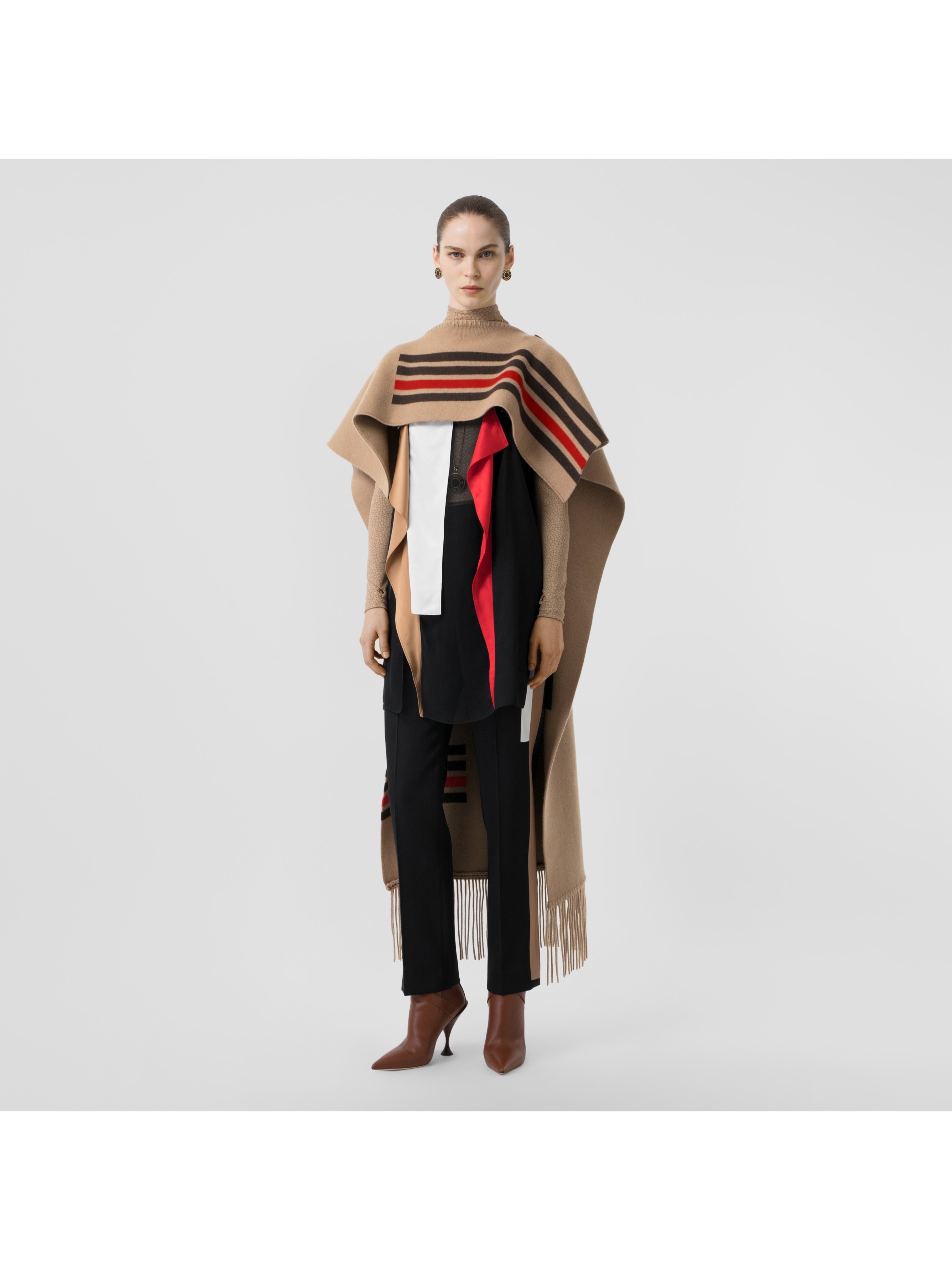 条纹装饰羊毛混纺披风