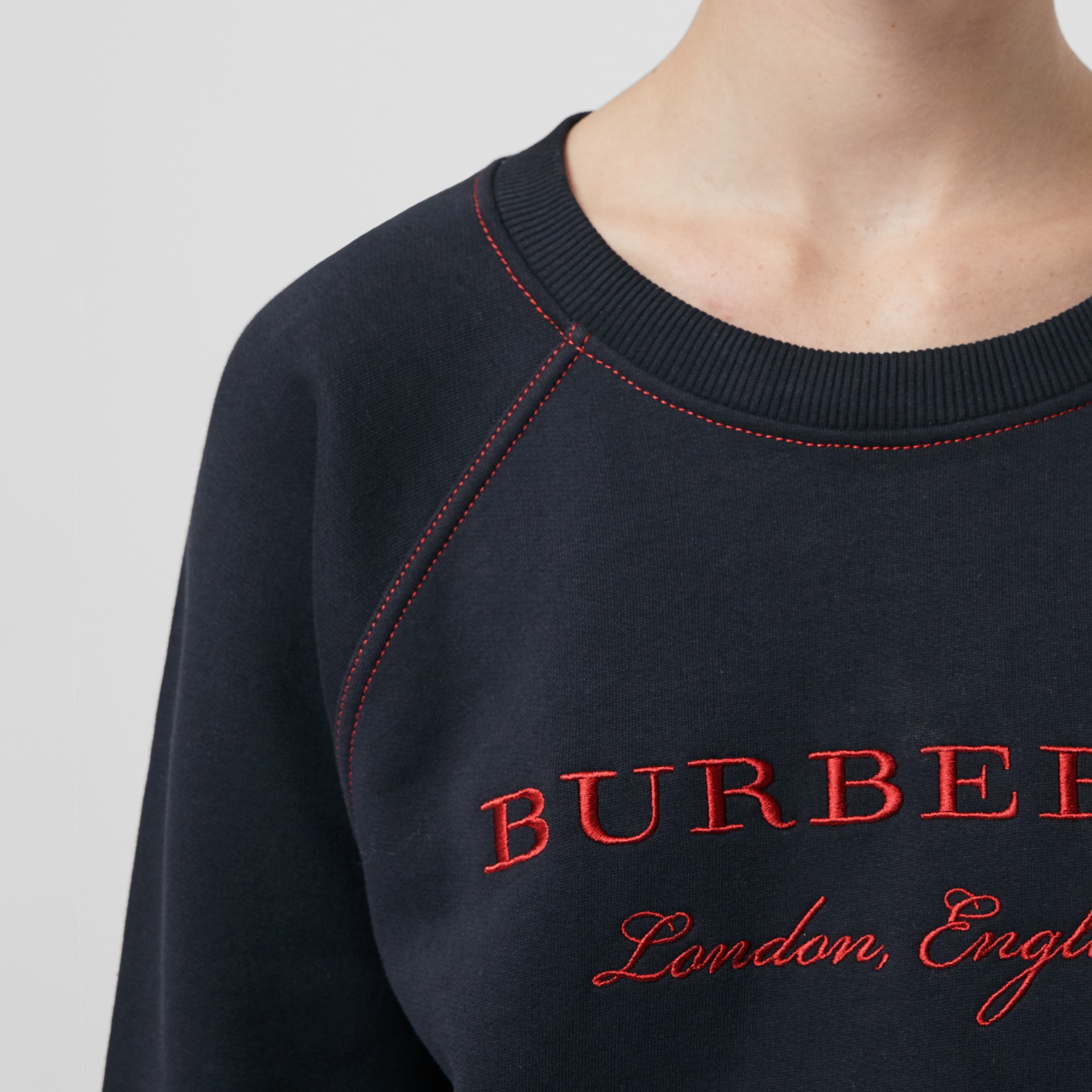 Embroidered Cotton Blend Jersey Sweatshirt in Navy - Women | Burberry ...