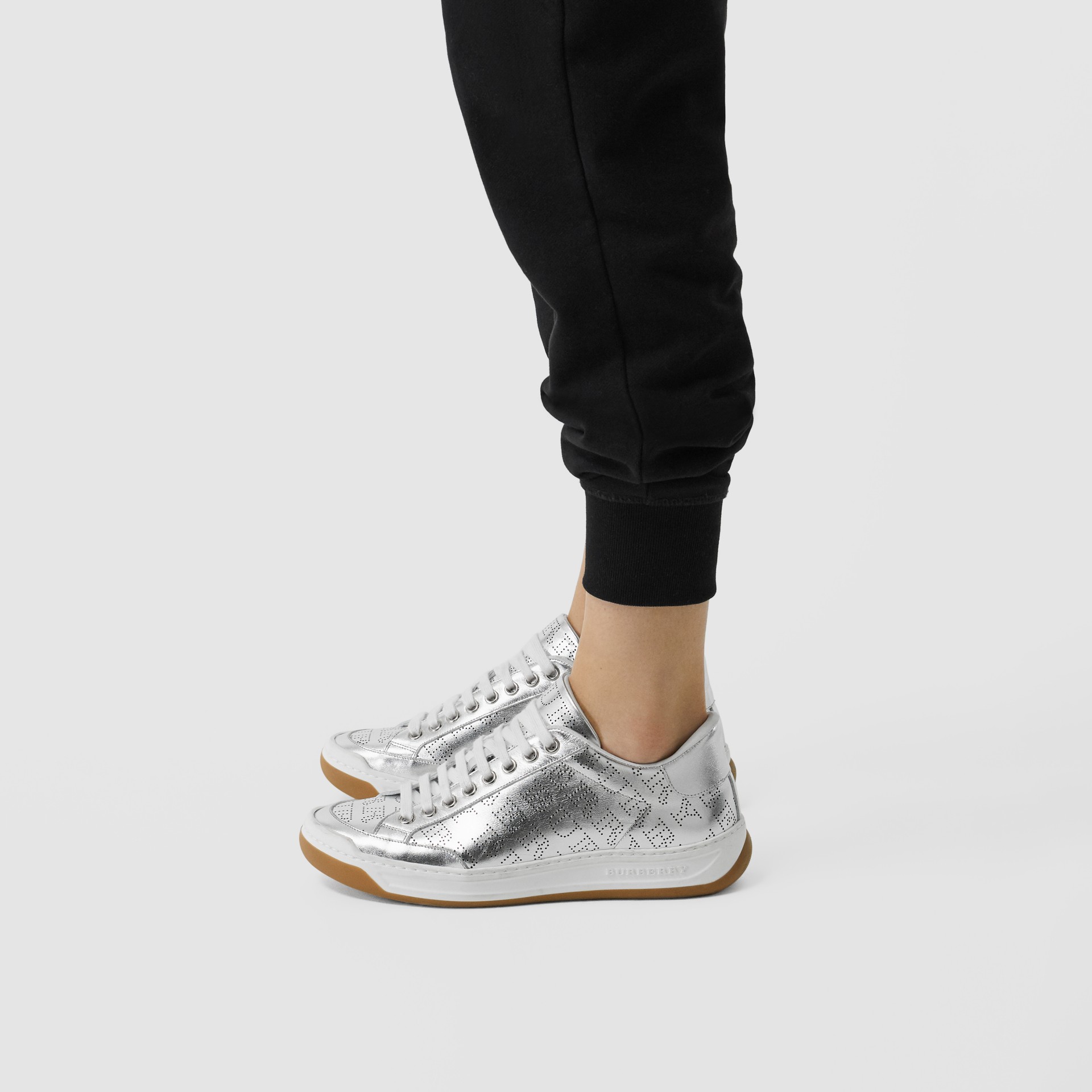 Perforated Logo Metallic Leather Sneakers in Silver Grey Women