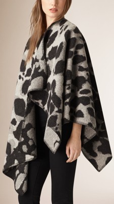 Mid grey Animal Pattern Wool Cashmere Poncho - Image 1