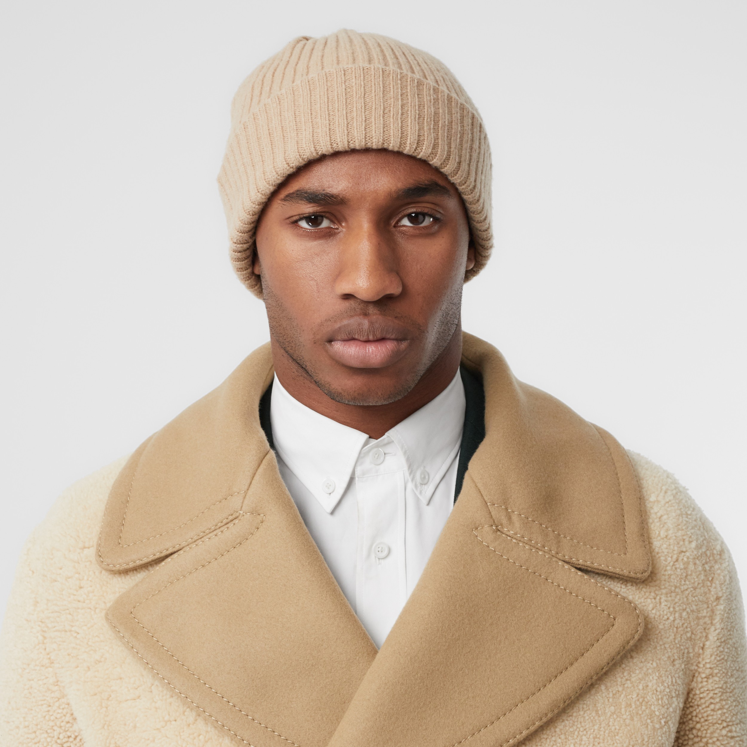 Contrast Wool Collar Shearling Pea Coat in Sesame - Men | Burberry ...