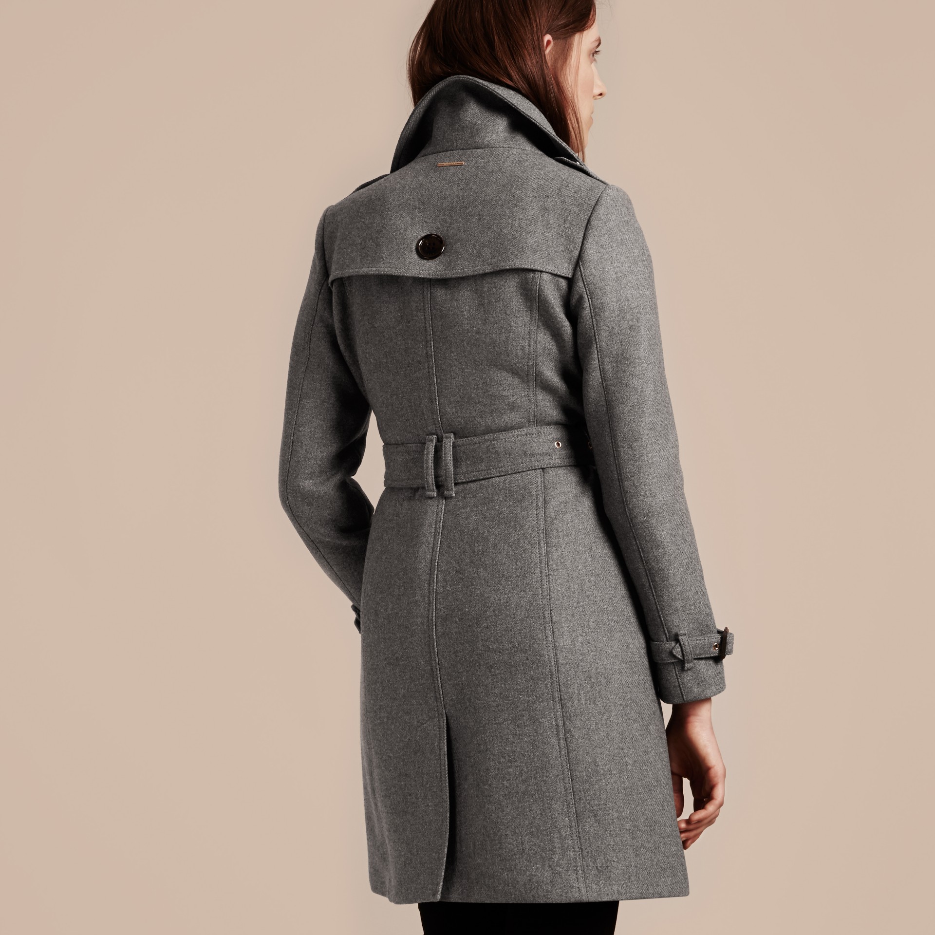 Technical Wool Cashmere Funnel Neck Coat in Steel Grey Melange - Women ...