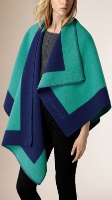 Aqua green Border Detail Wool Cashmere Poncho - Image 1