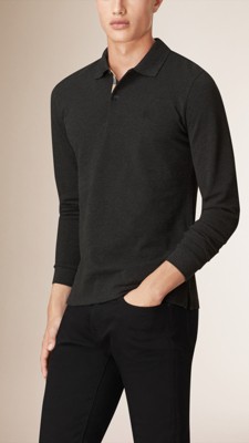 Check Placket Long Sleeve Polo Shirt