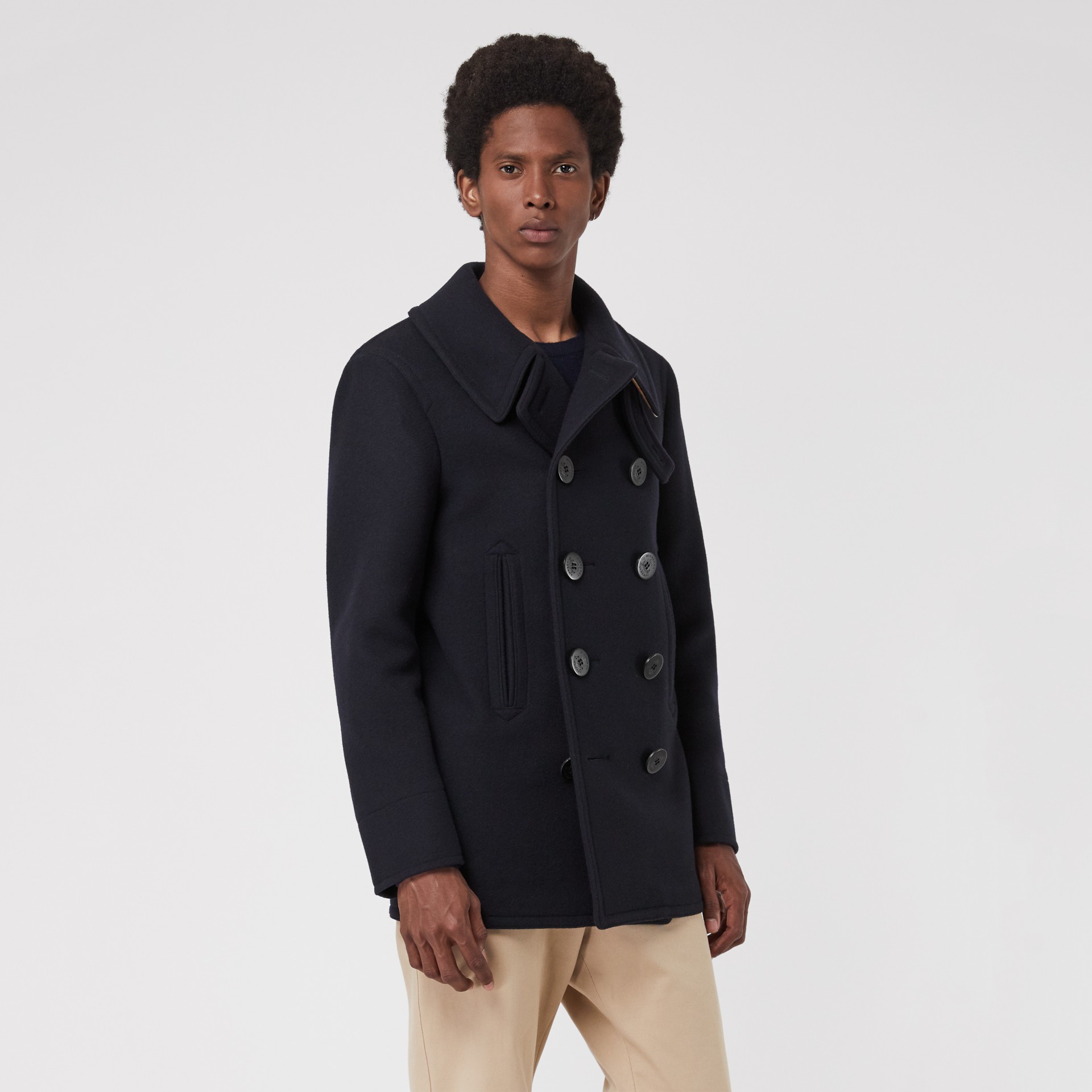 Wool Blend Pea Coat in Navy Men Burberry United States
