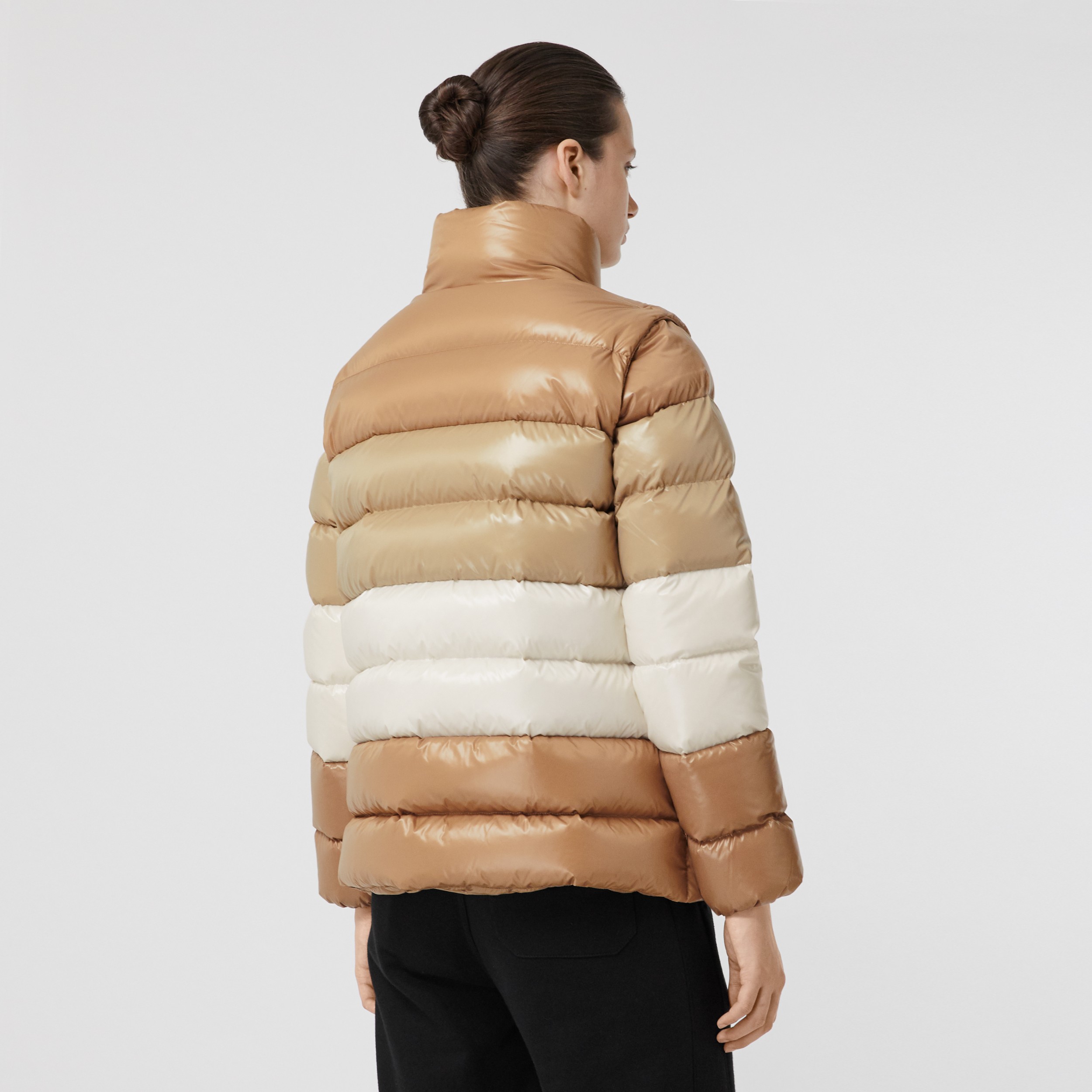 Panelled Nylon Puffer Jacket with Detachable Sleeves in Soft Camel