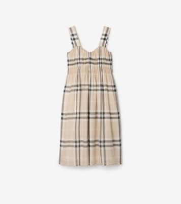Shirred Check Cotton Dress in Stone beige - Women | Burberry
