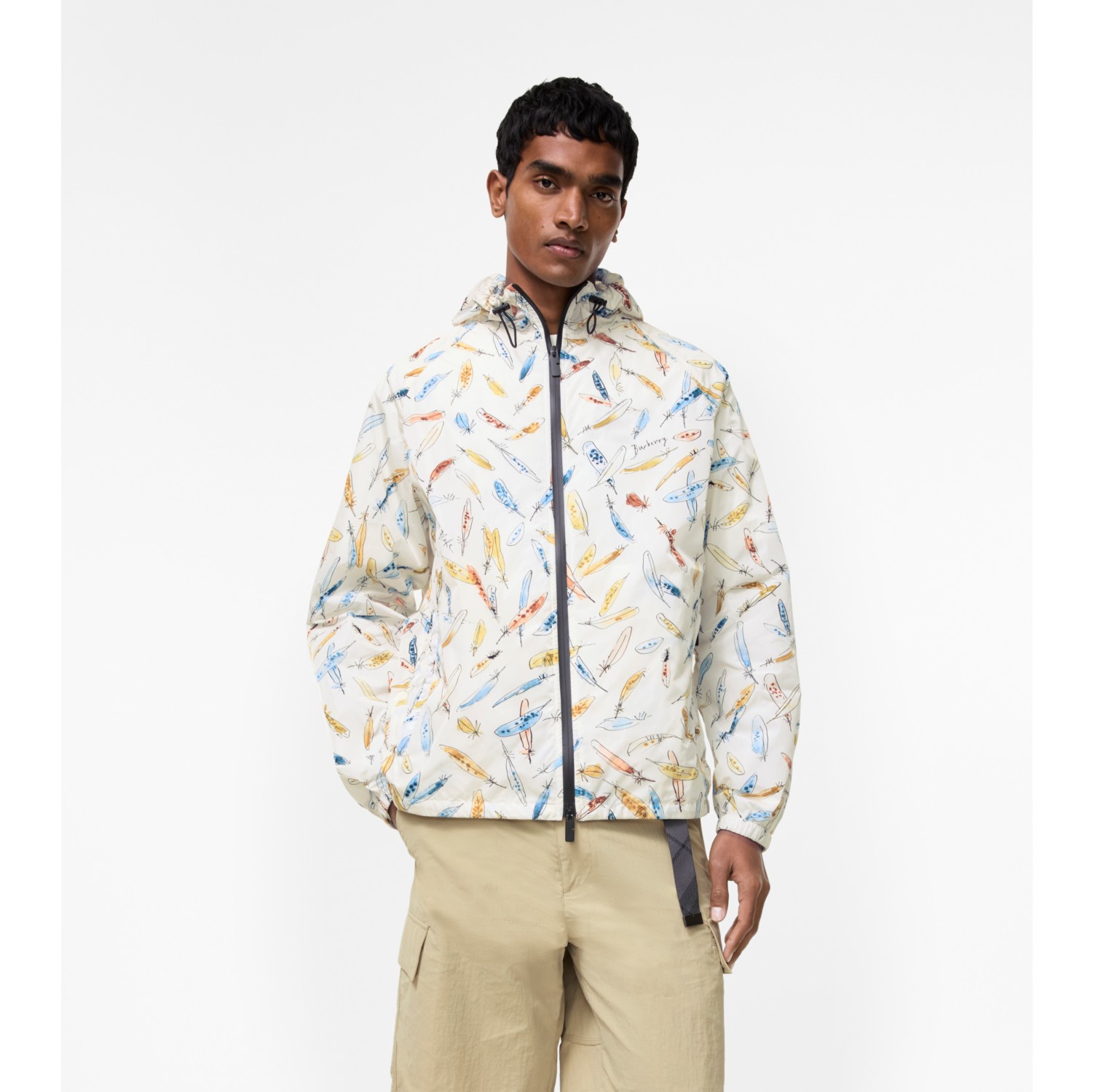 Feather Print Nylon Clapton Hooded Jacket