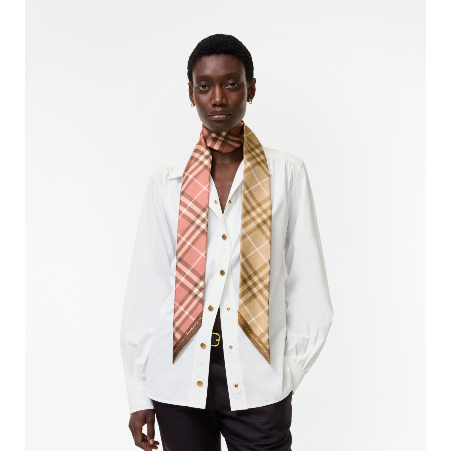 Skinny Contrast Check Silk Scarf