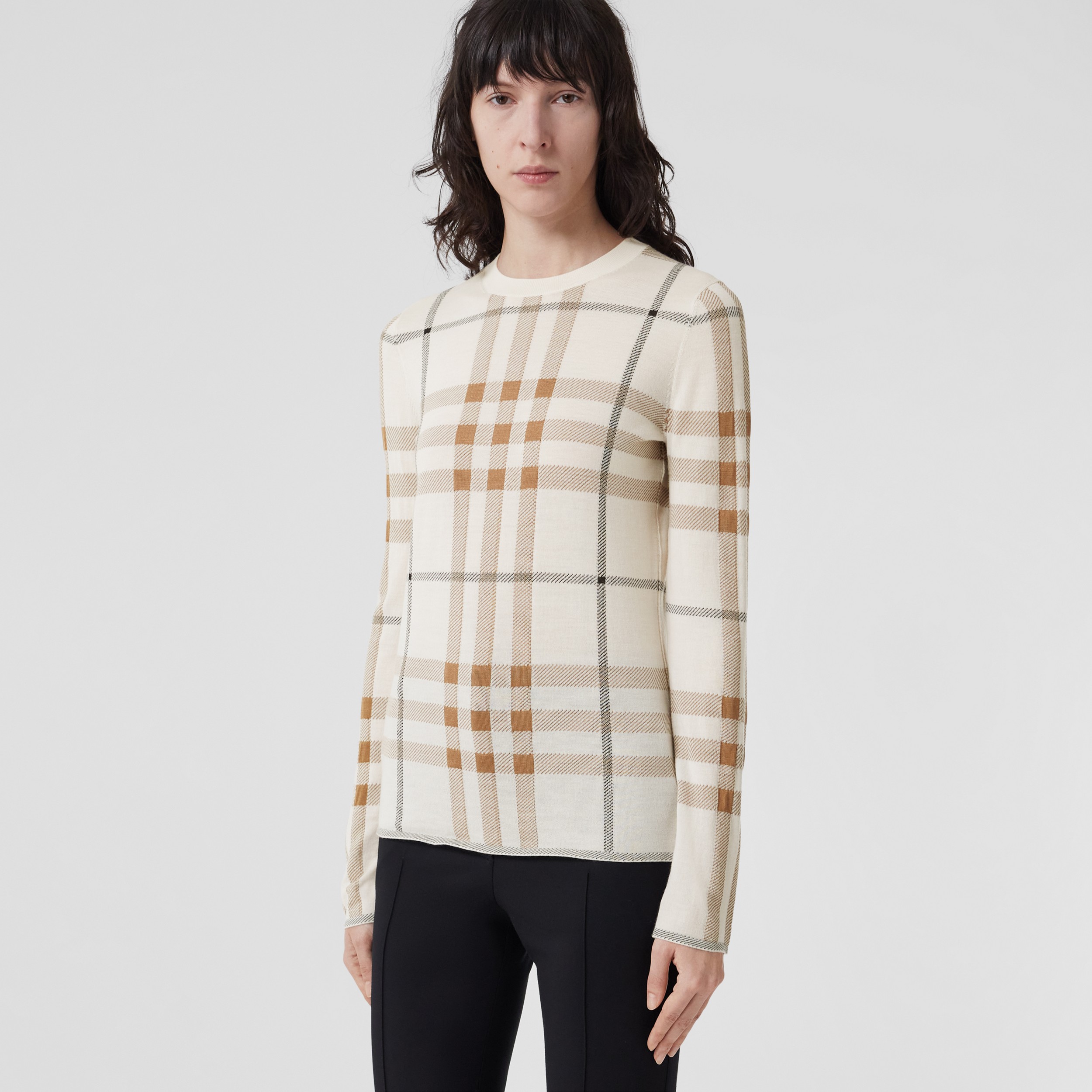 Check Intarsia Wool Silk Blend Sweater in Soft Sand - Women | Burberry® Official - 1